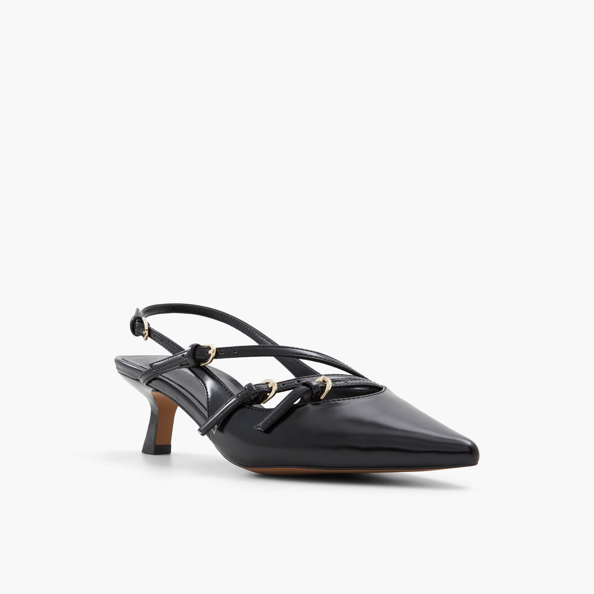 Three-quarter angle of Black Reginna Slingback Kitten Heels's front side