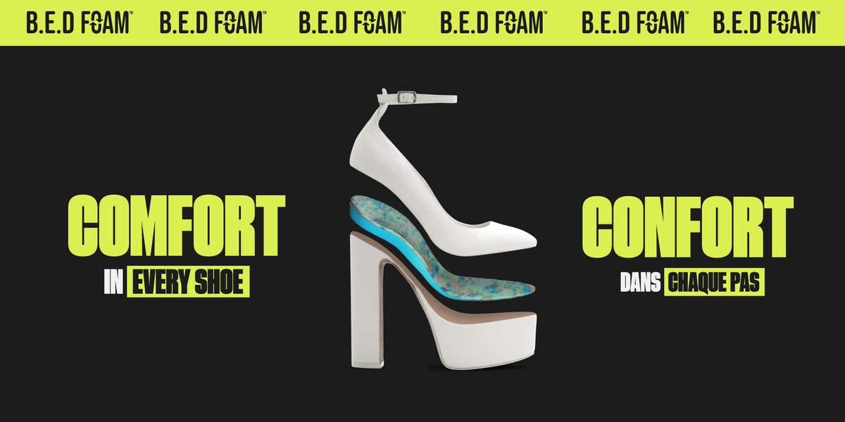 Graphique noir et vert lime montrant un talon plateforme blanc avec des semelles intérieures bleues dotées de la technologie de confort B.E.D Foam™. Le texte indique : « B.E.D FOAM™ » et « CONFORT DANS CHAQUE PAS ».