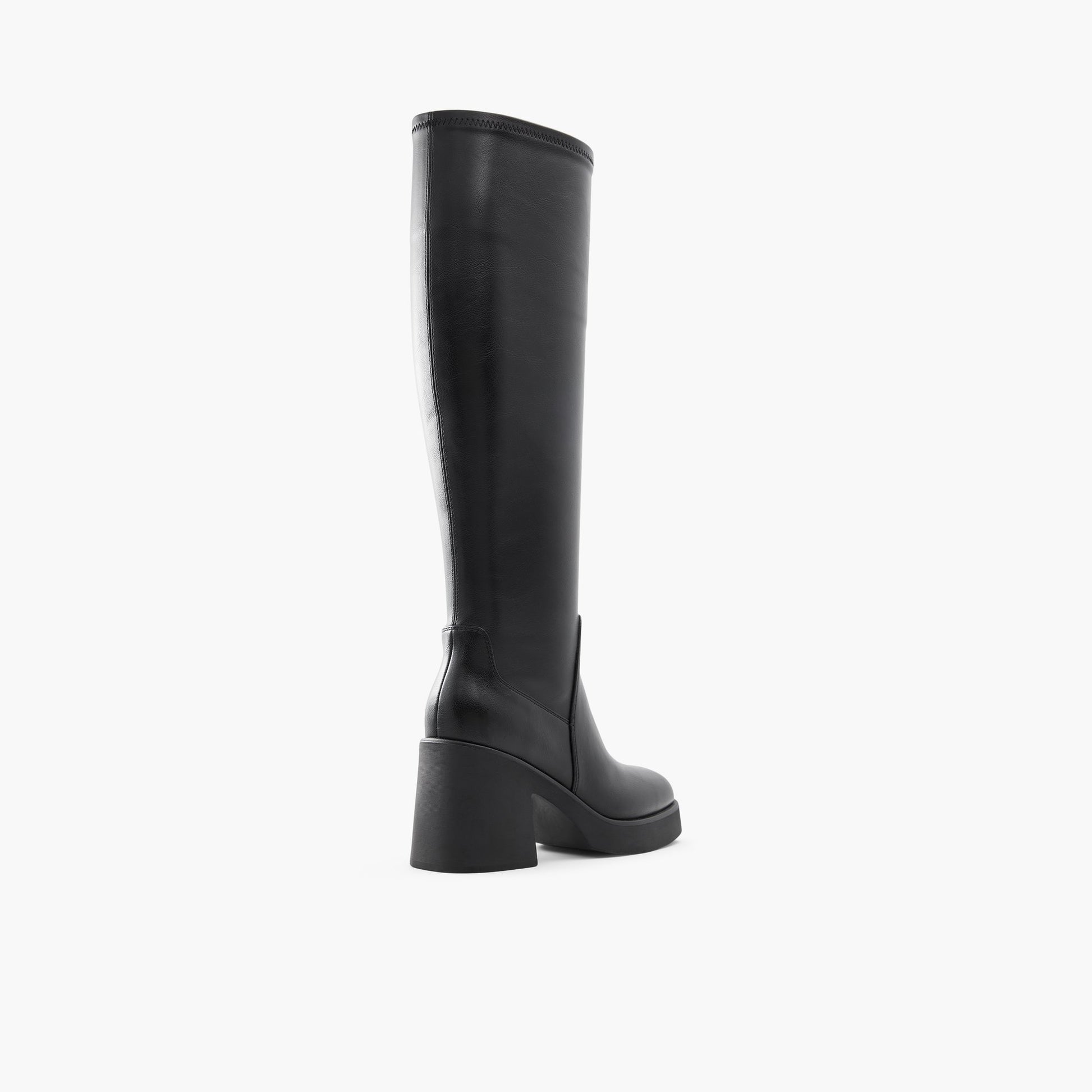 Three-quarter angle of Black Britnay Platform heeled tall boots's back side