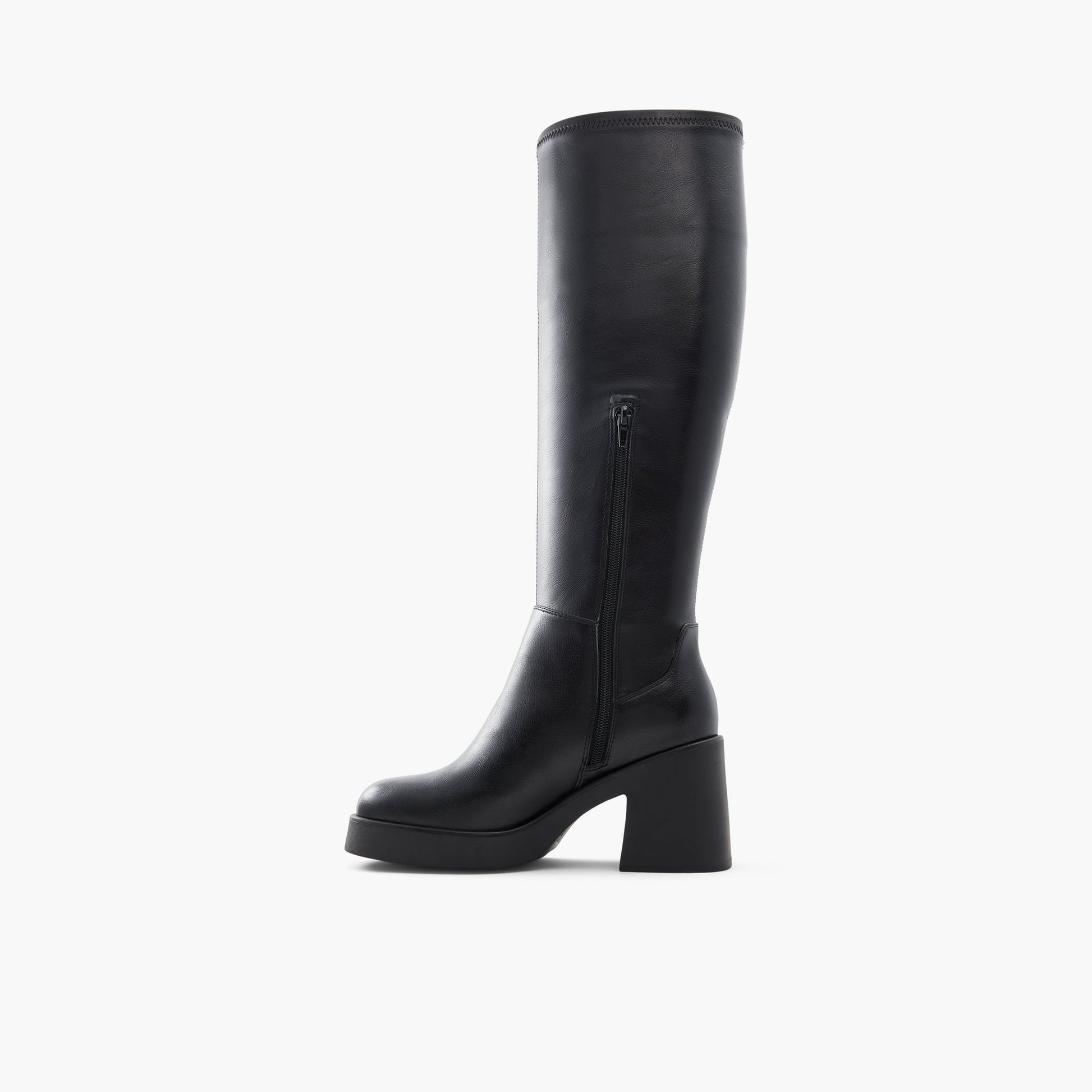 Side view of Black Britnay Platform heeled tall boots