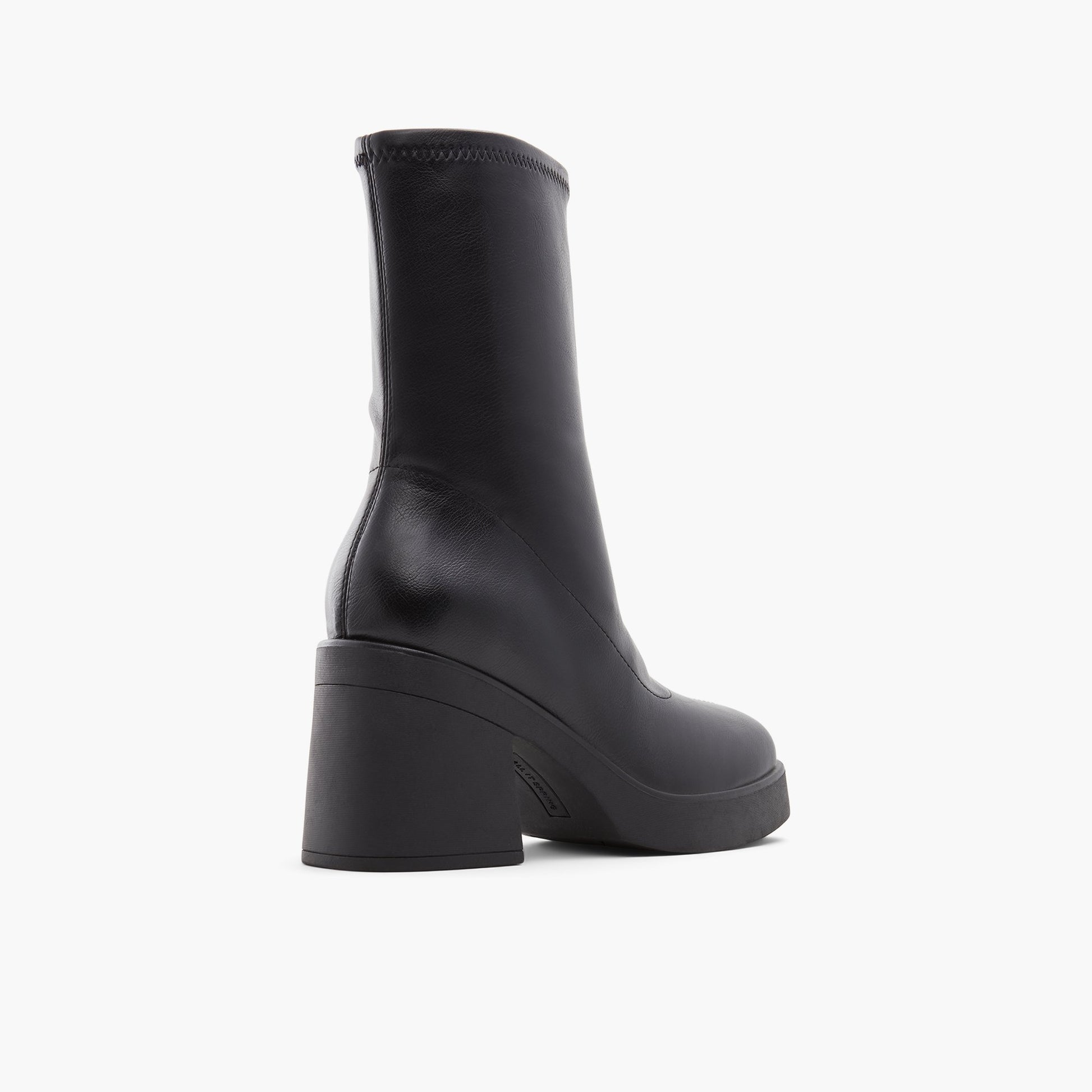 Three-quarter angle of Black Steffanie Mid-calf platform heeled boots's back side