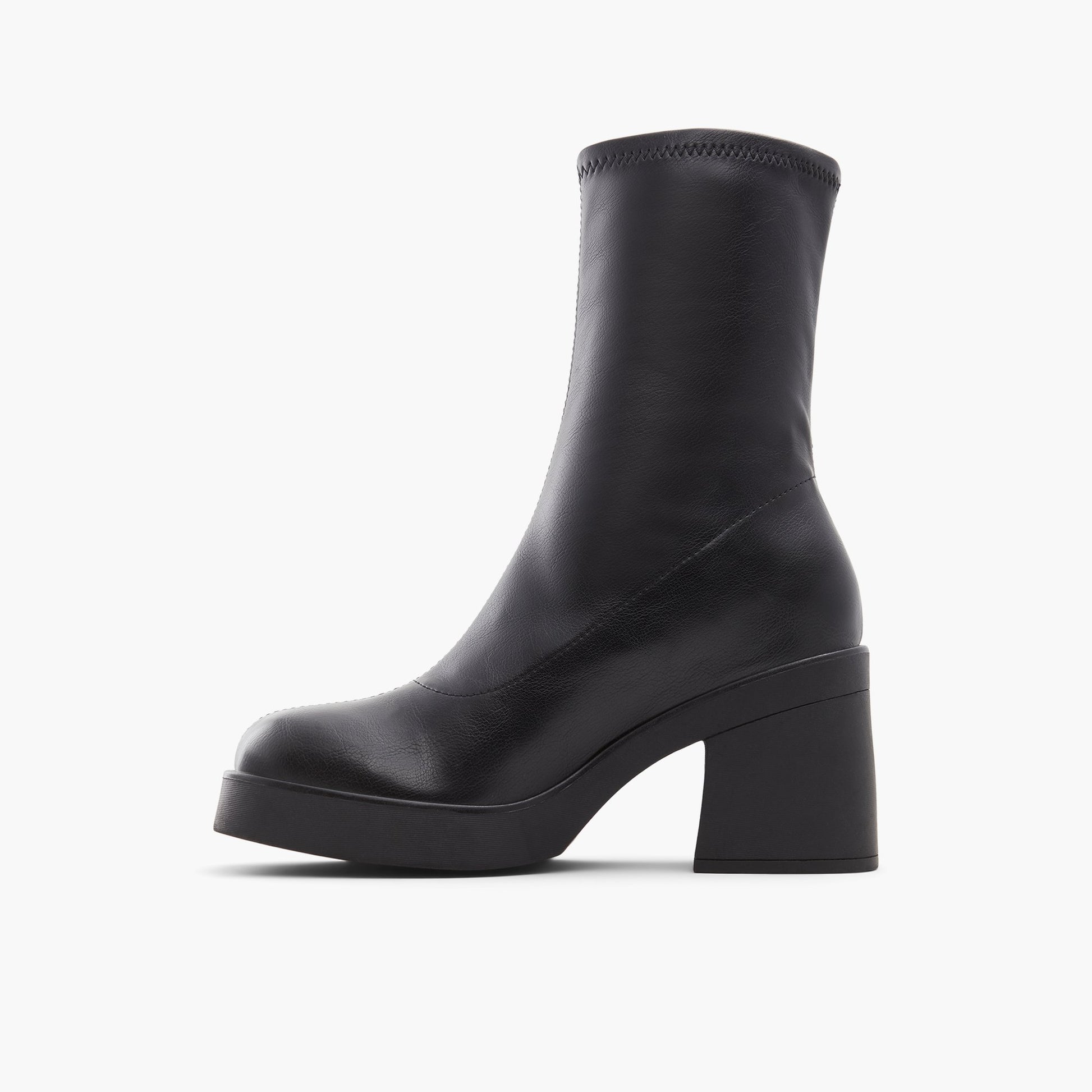 Side view of Black Steffanie Mid-calf platform heeled boots