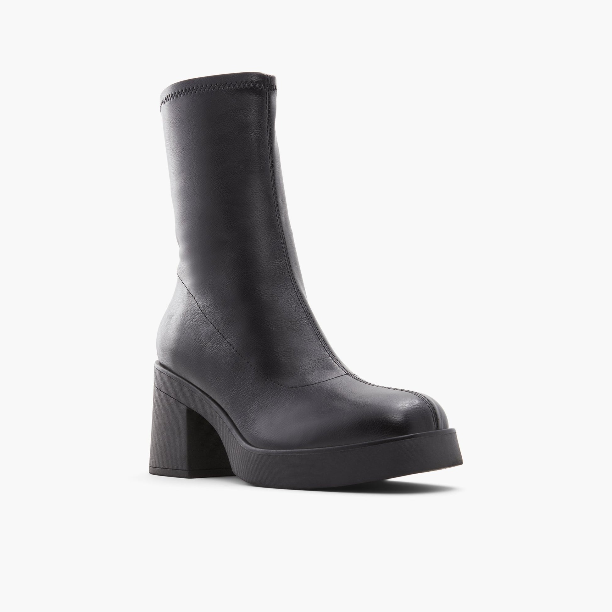 Three-quarter angle of Black Steffanie Mid-calf platform heeled boots's front side
