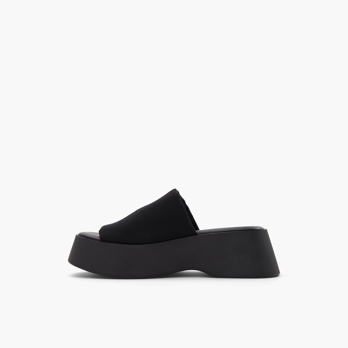 Side view of Black Venise Mid heel platform sandals