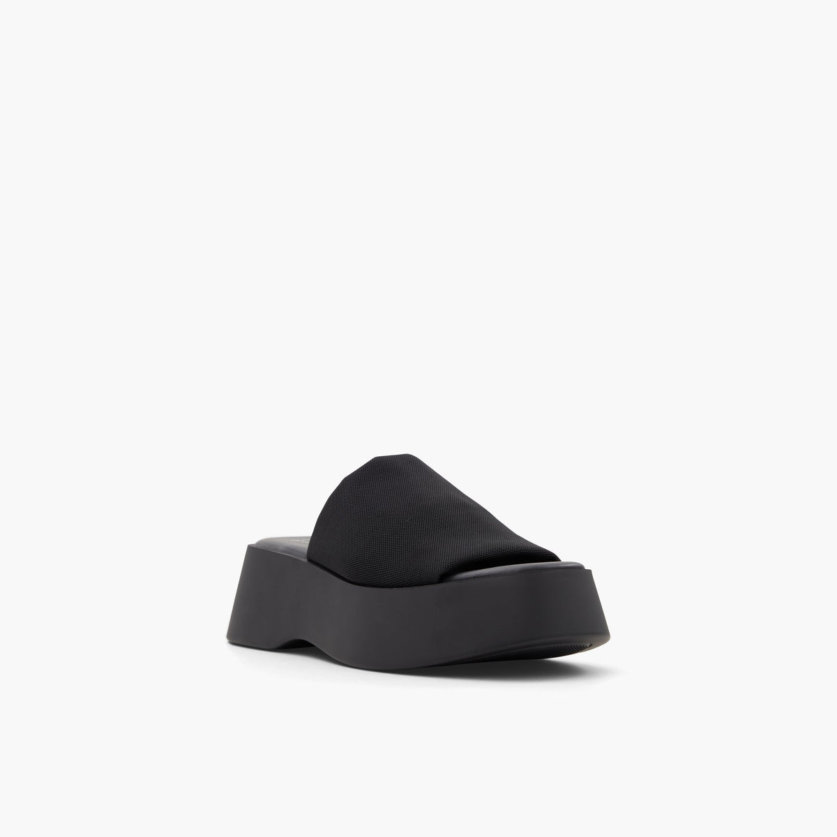 Three-quarter angle of Black Venise Mid heel platform sandals's front side