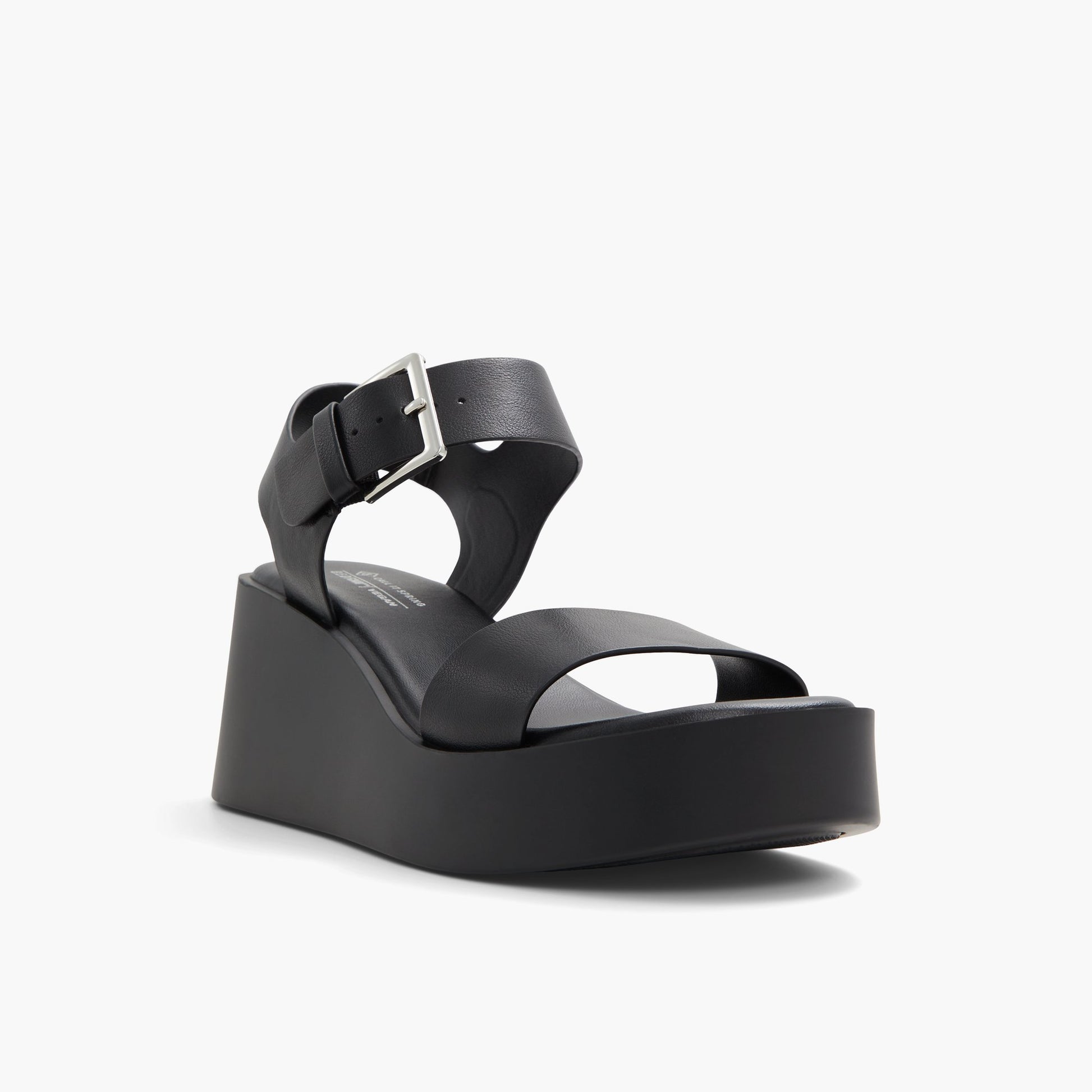 Three-quarter angle of Open Black Merisa Mid heel platform sandals's front side
