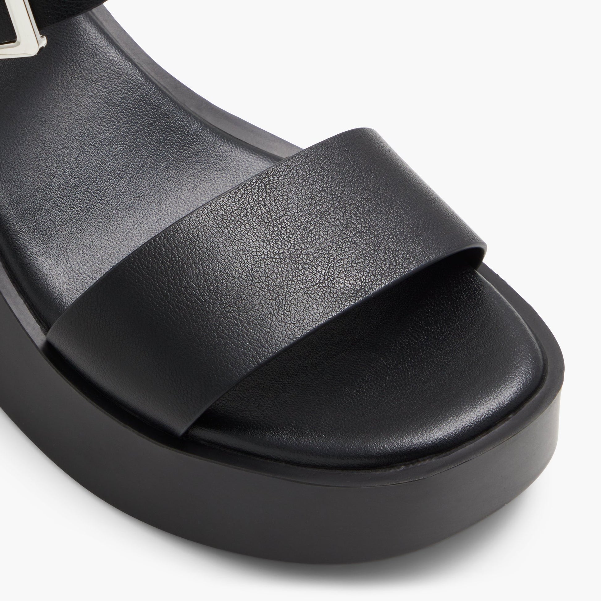 Close-up of the Open Black Merisa Mid heel platform sandals