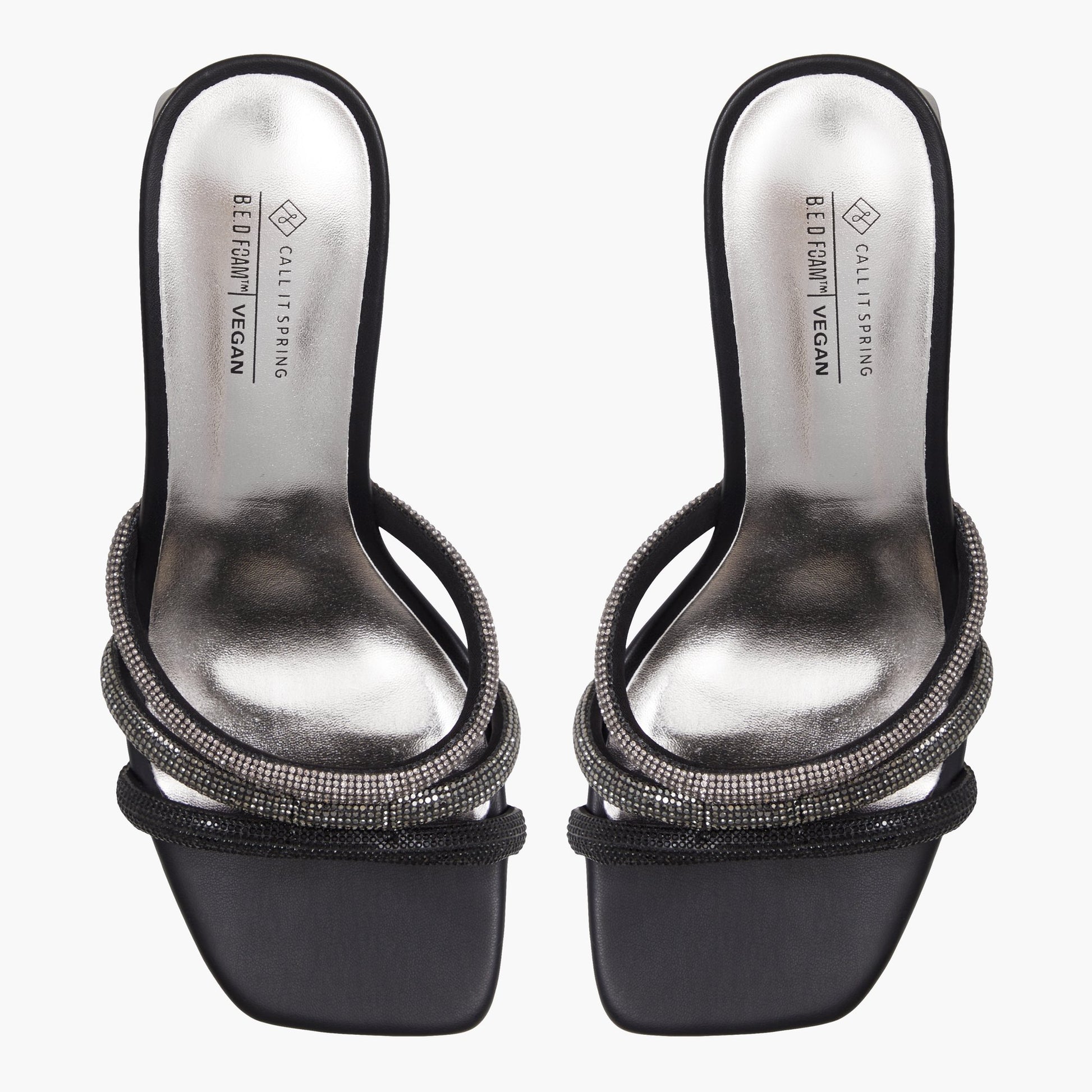 Top-down view of the Black Crown Mid heel mule sandals