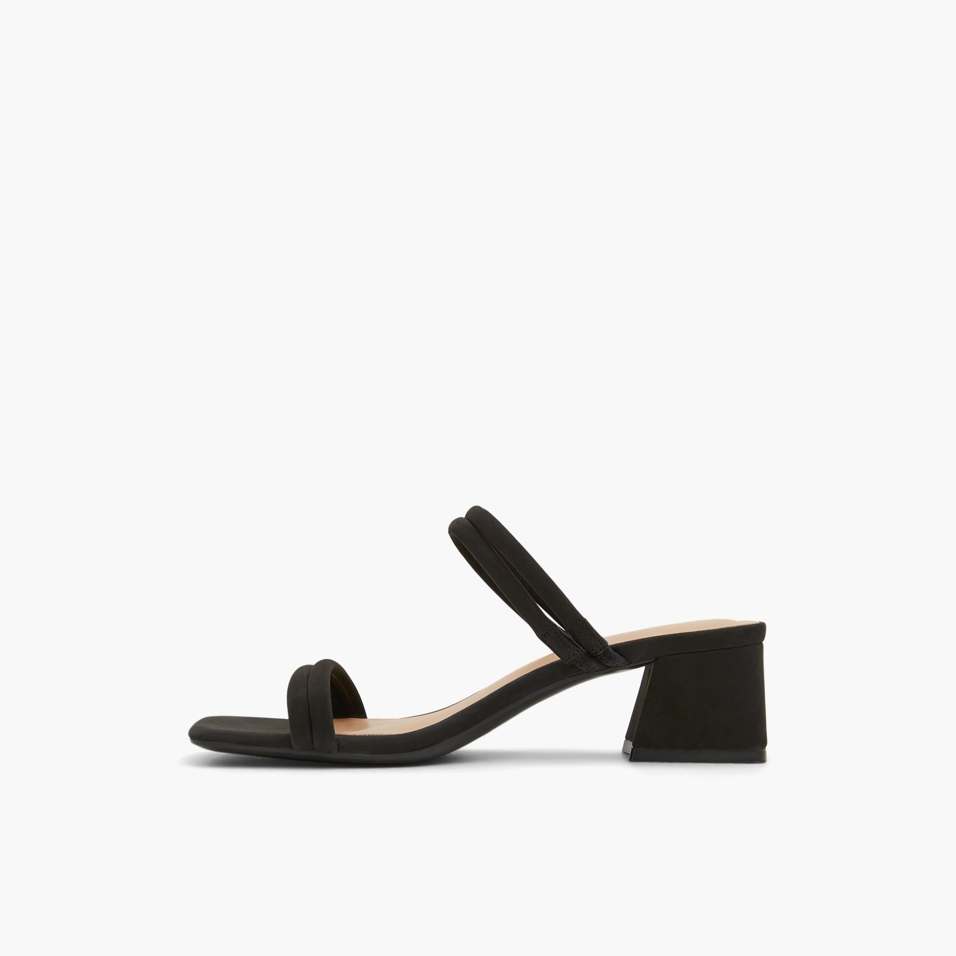 Side view of Black Keelay Low heel mule sandals