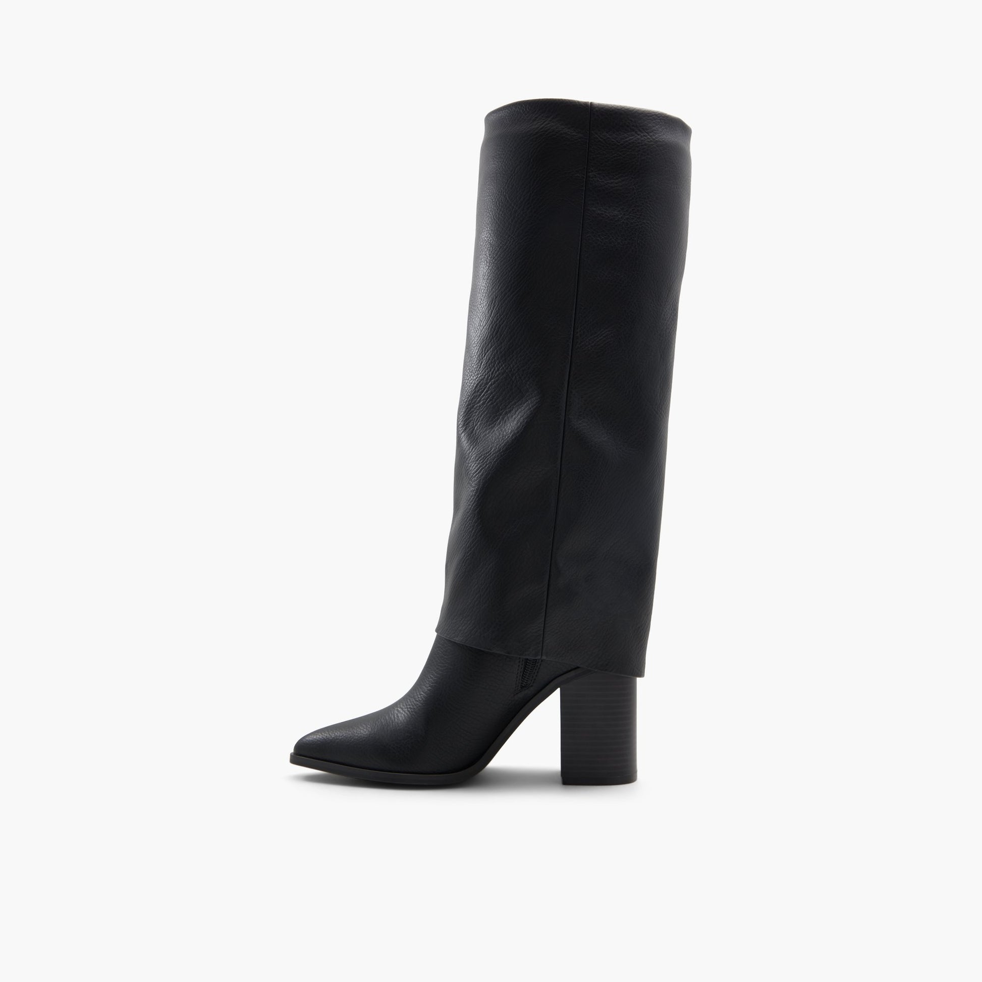 Side view of Black Kayden Heeled knee high boots