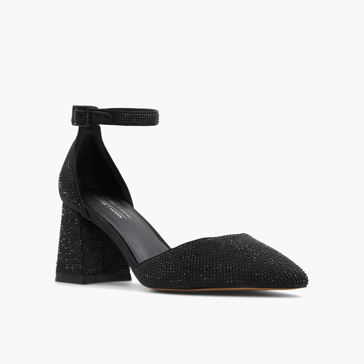 Three-quarter angle of Black Overflow Daliaa Ankle Strap Heels's front side