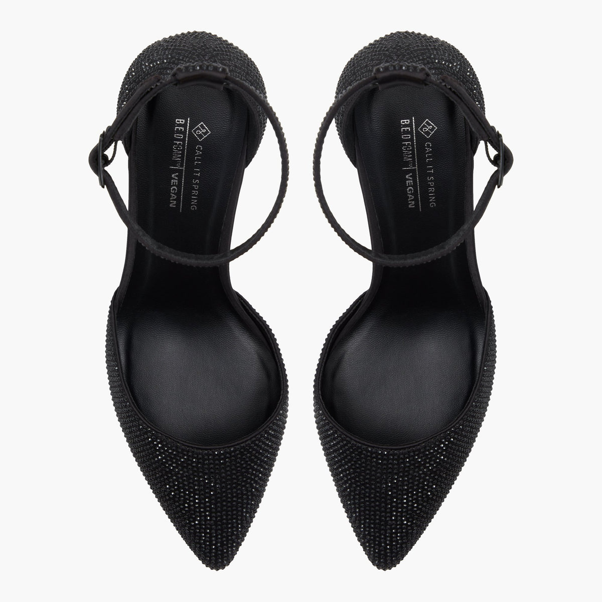 Top-down view of the Black Overflow Daliaa Ankle Strap Heels