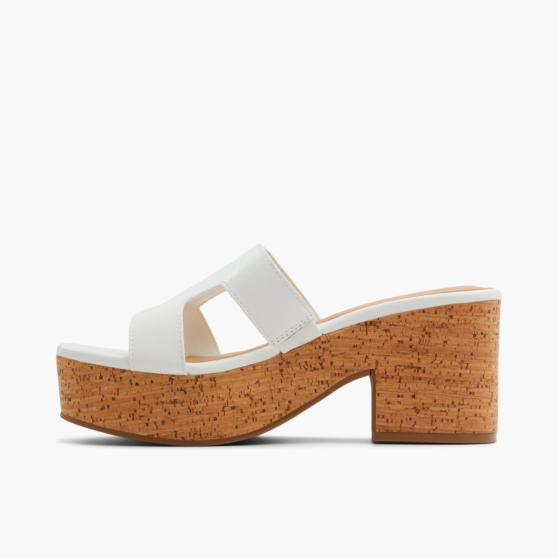 Side view of White Halerria High heel platform mule sandals