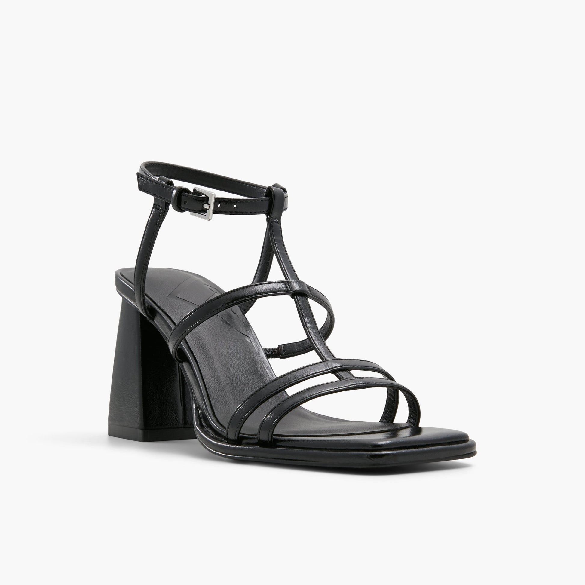 Three-quarter angle of Black Aurellia Strappy Block Heeled Sandals's front side