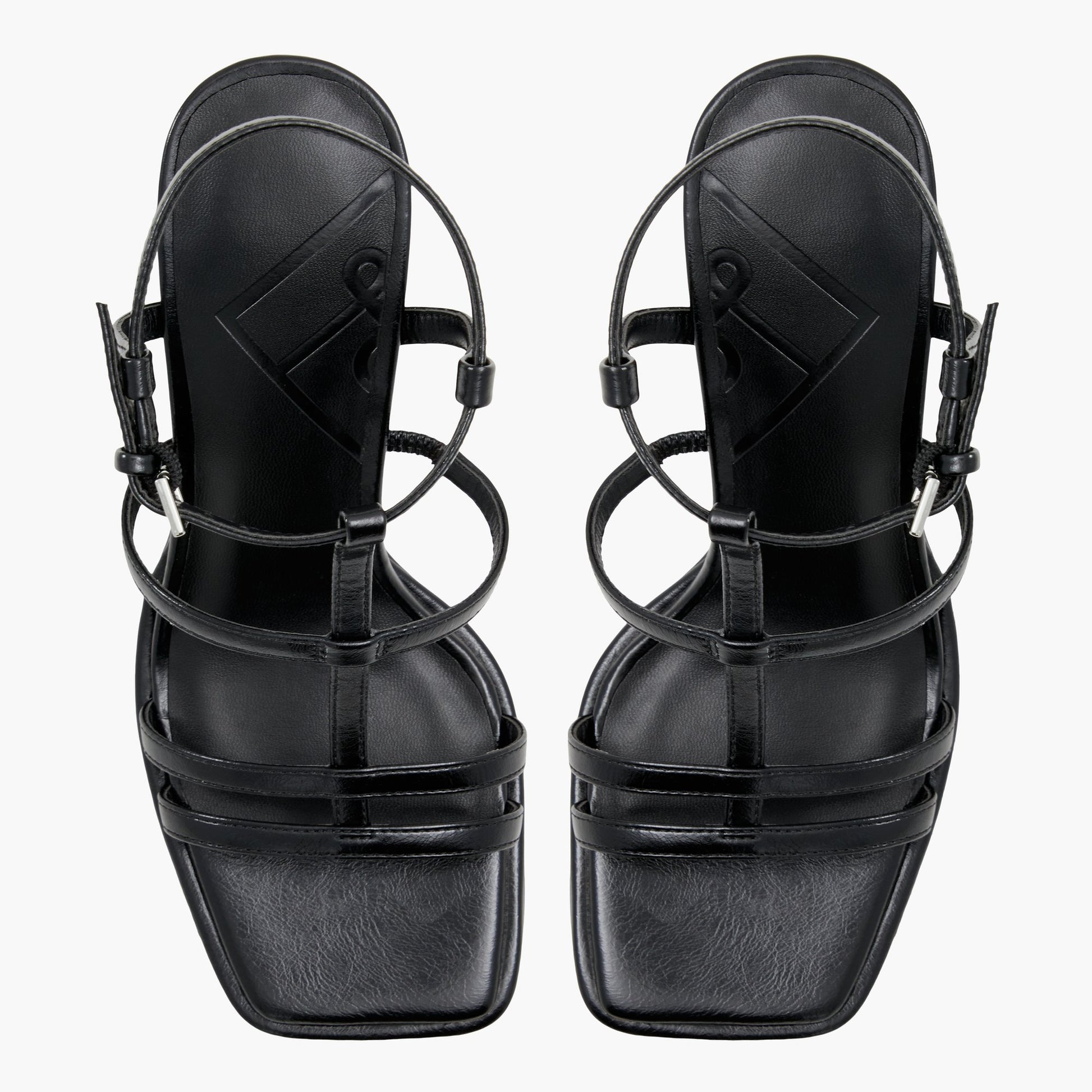 Top-down view of the Black Aurellia Strappy Block Heeled Sandals