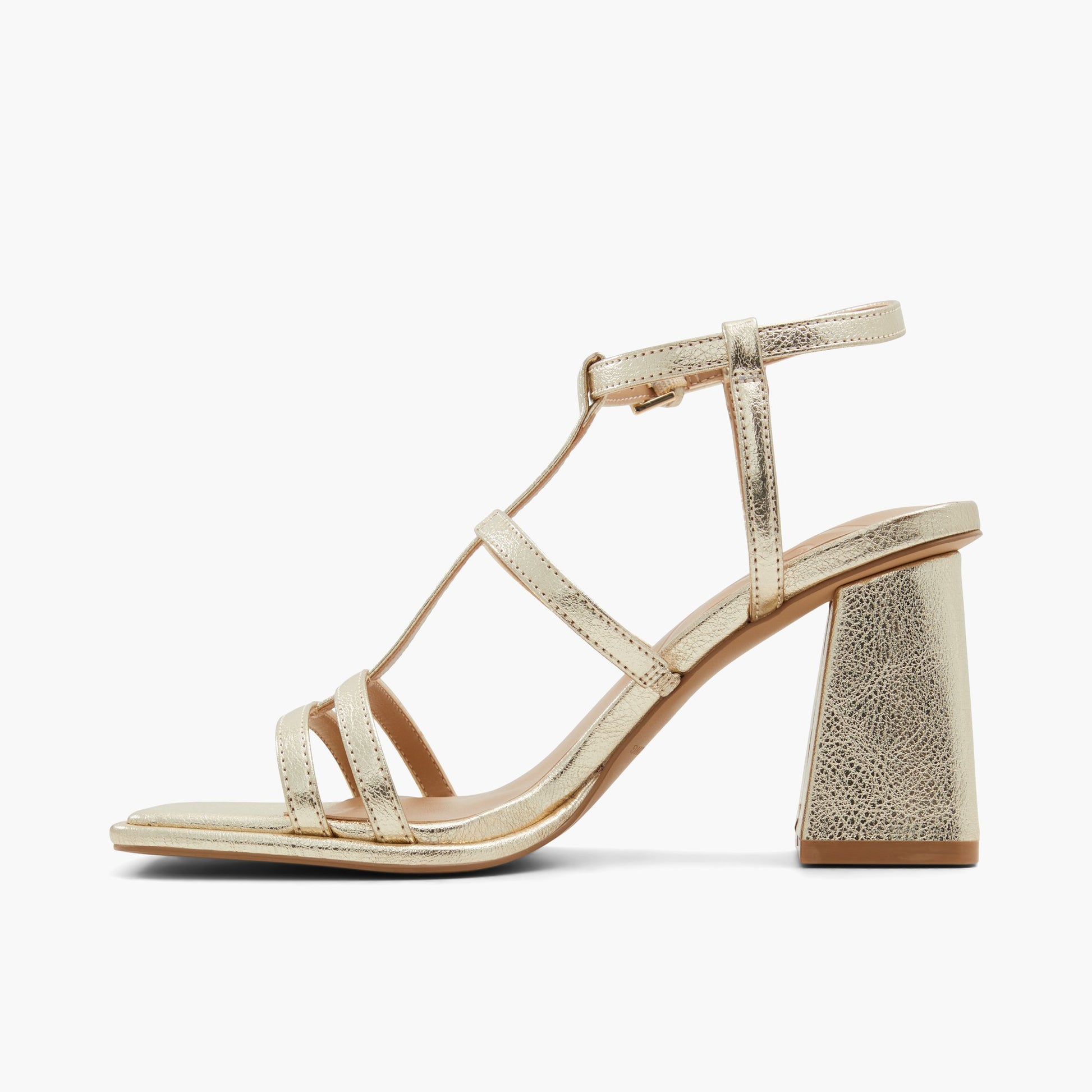 Side view of Gold Aurellia Strappy Block Heeled Sandals