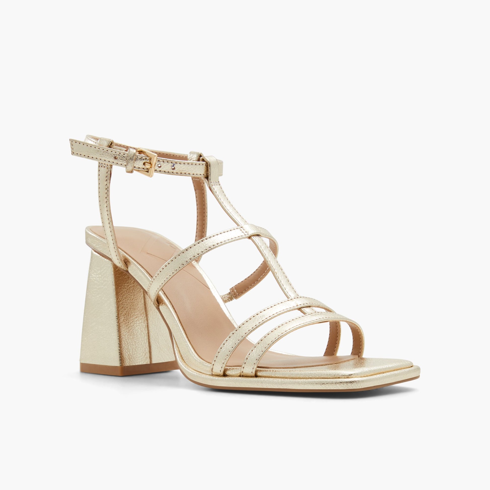 Three-quarter angle of Gold Aurellia Strappy Block Heeled Sandals's front side