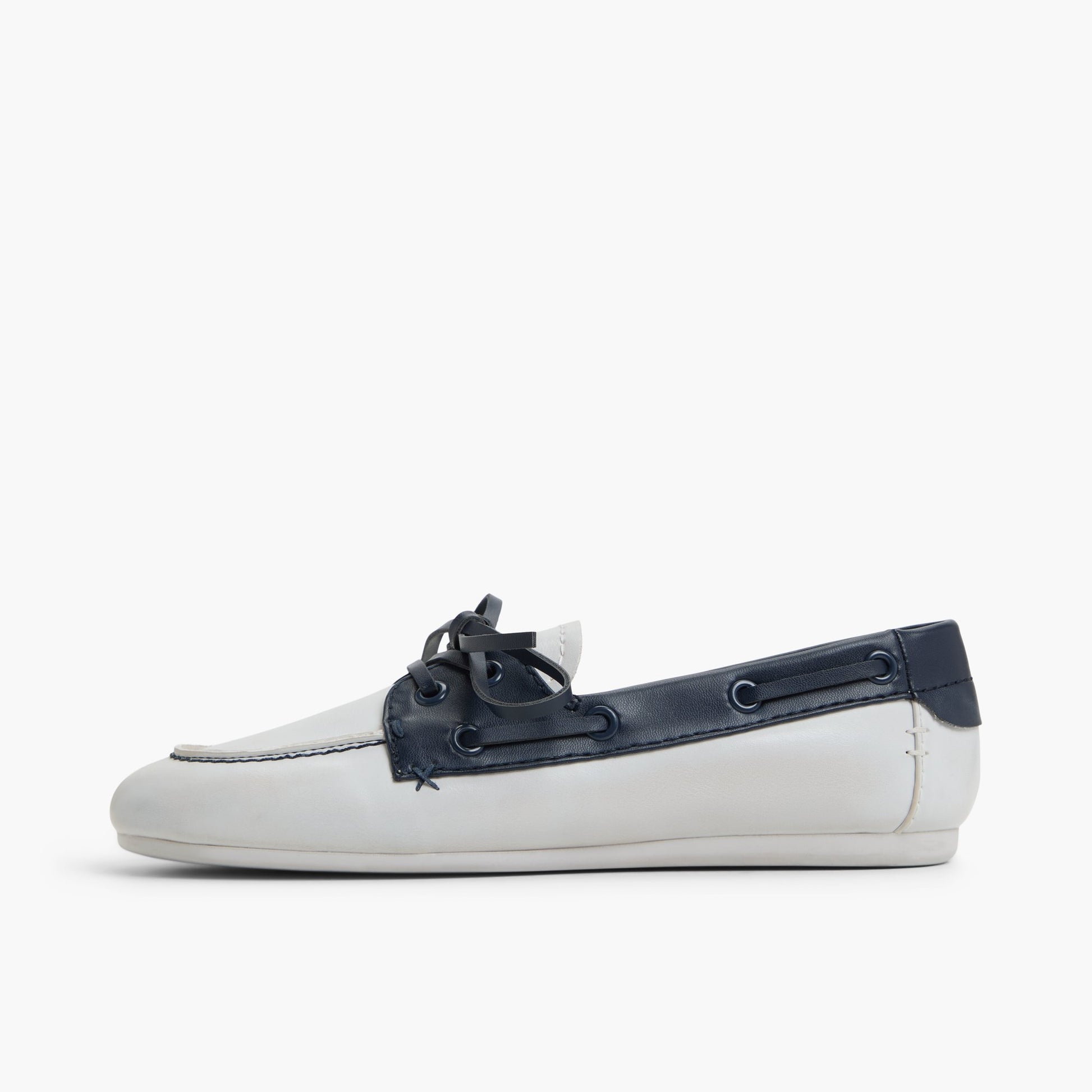 Side view of White/Navy Shelly Boat Shoes