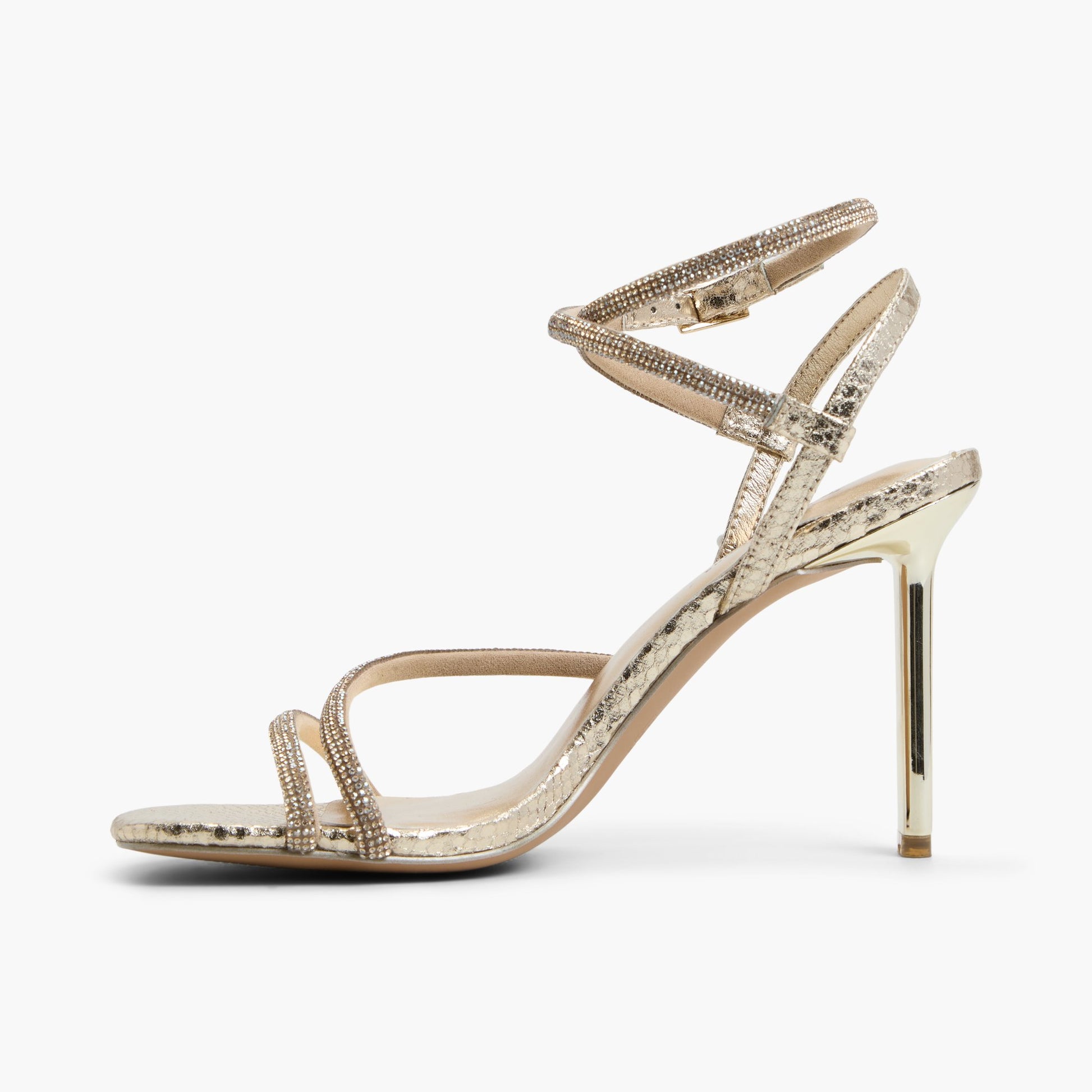 Side view of Gold Alluree Strappy High Heel Sandals