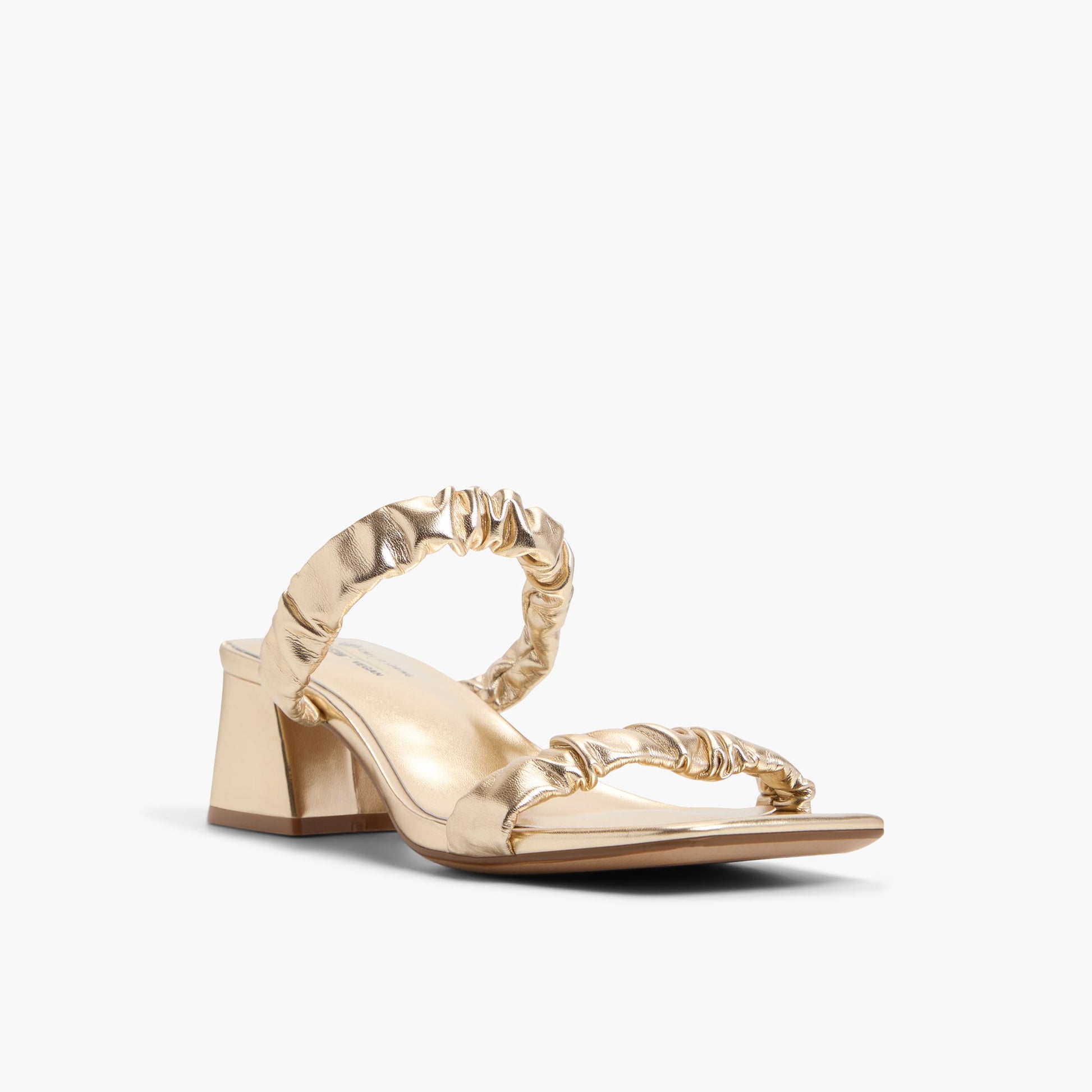 Three-quarter angle of Gold Briannah Block Heel Mules's front side