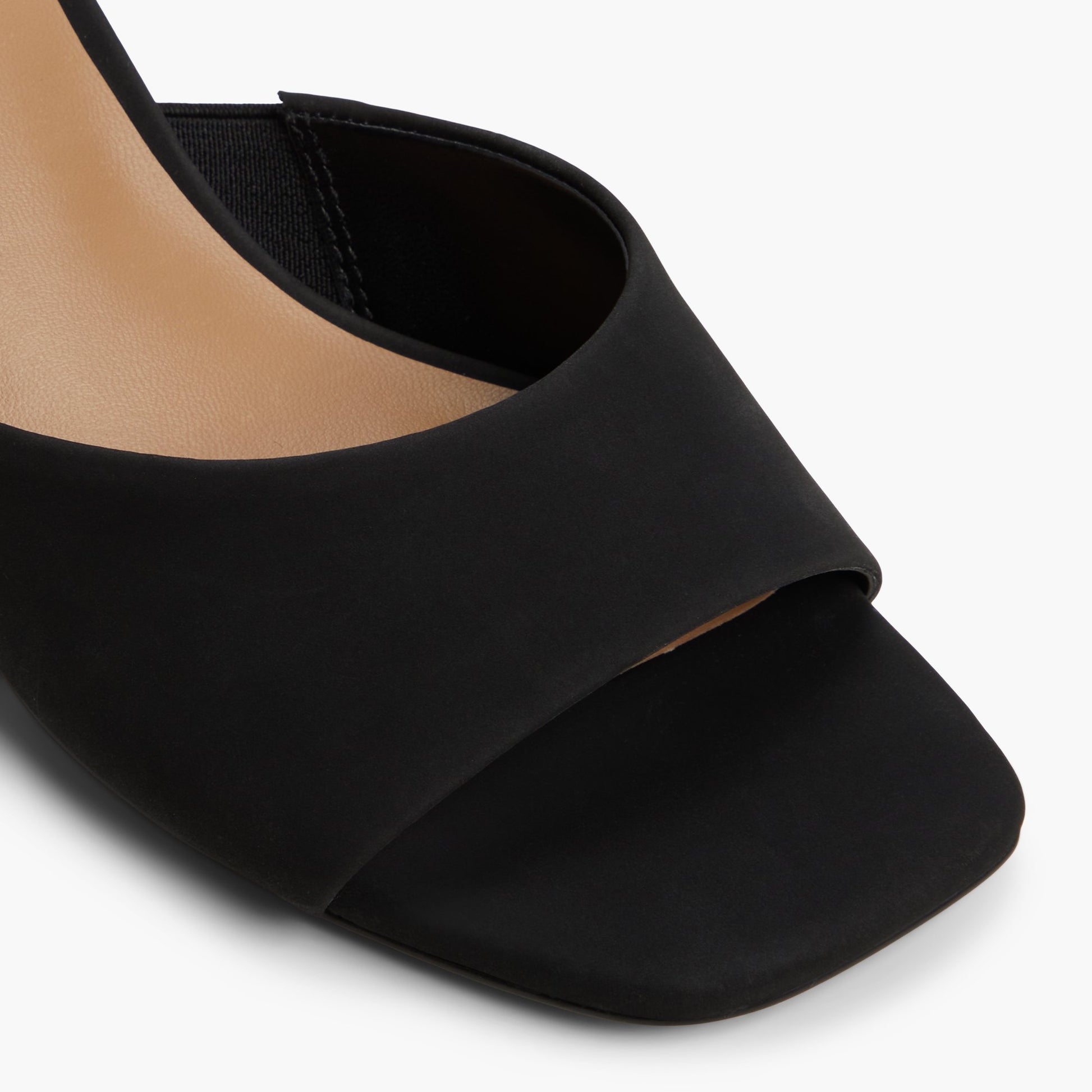 Close-up of the Black Lanaa Block Heel Mule Sandals