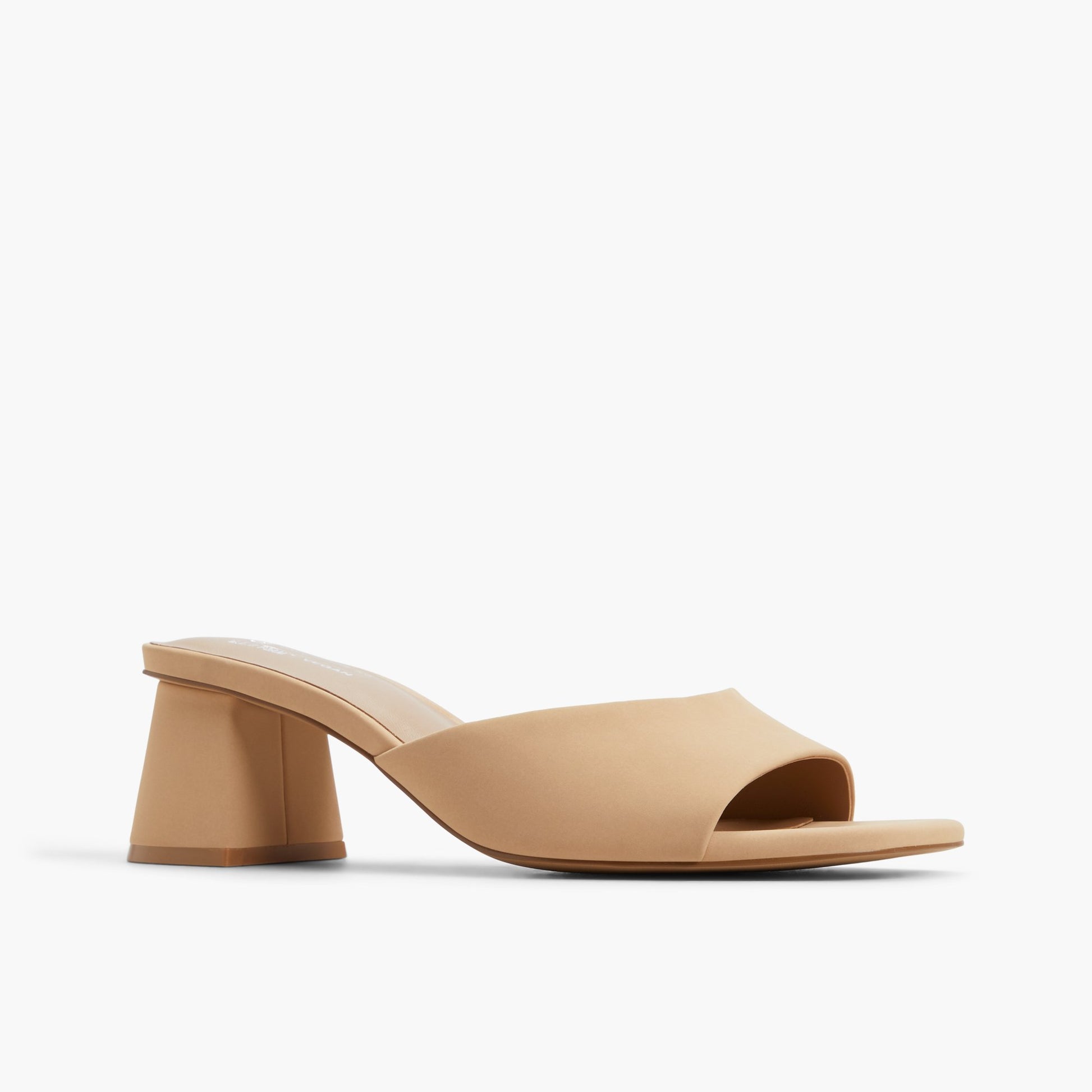 Three-quarter angle of Beige Lanaa Block Heel Mule Sandals's front side