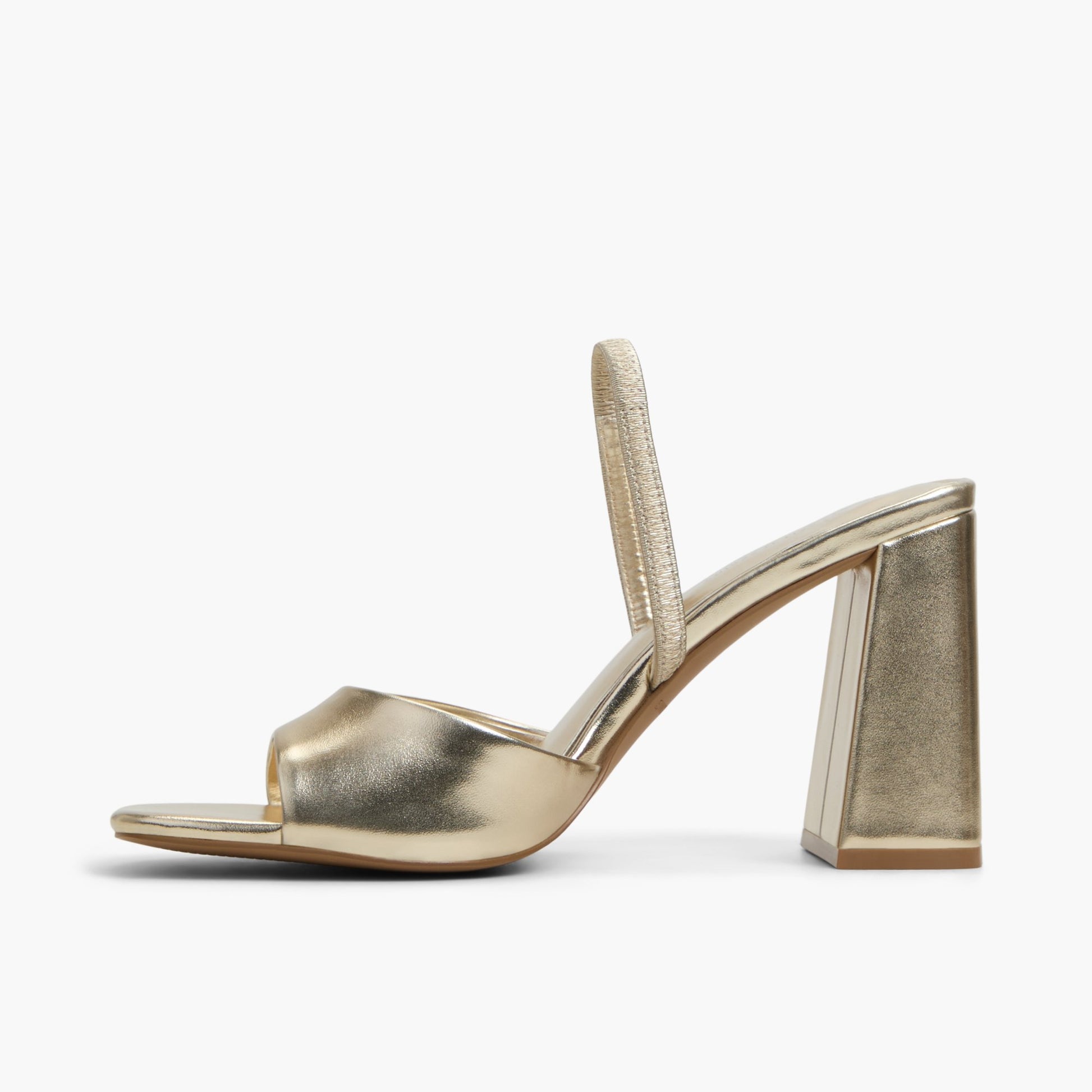 Side view of Gold Chellsea Block Heel Slingback Sandals