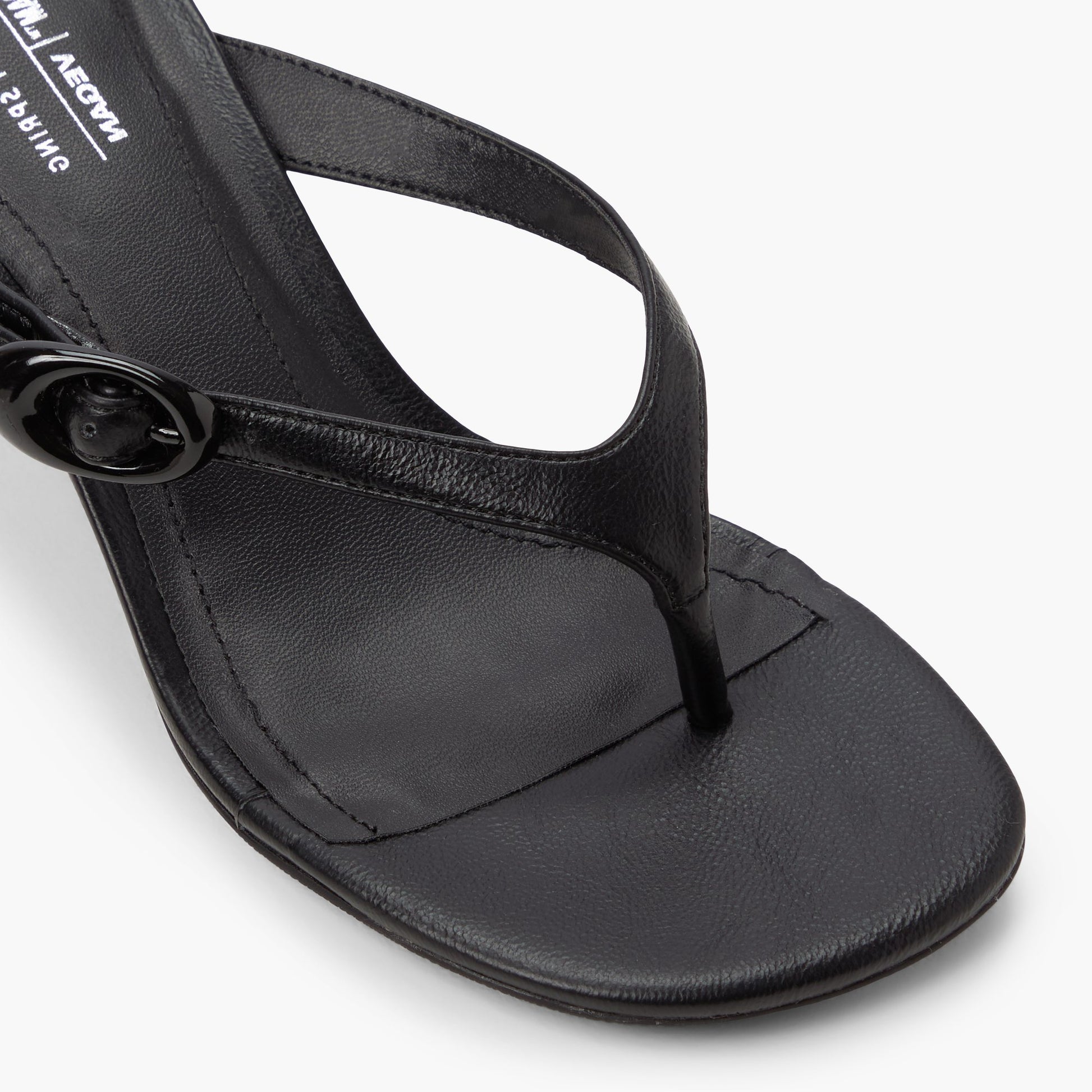 Close-up of the Black Lollaa Kitten Heel Thong Sandals