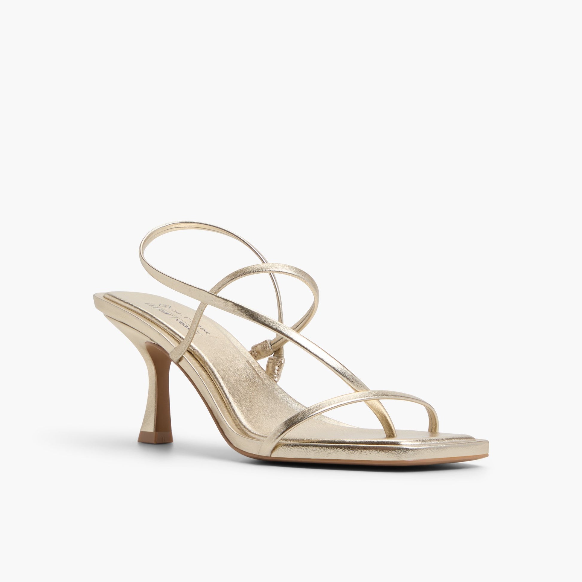 Three-quarter angle of Gold Zorra Strappy Slingback Heel Sandals's front side