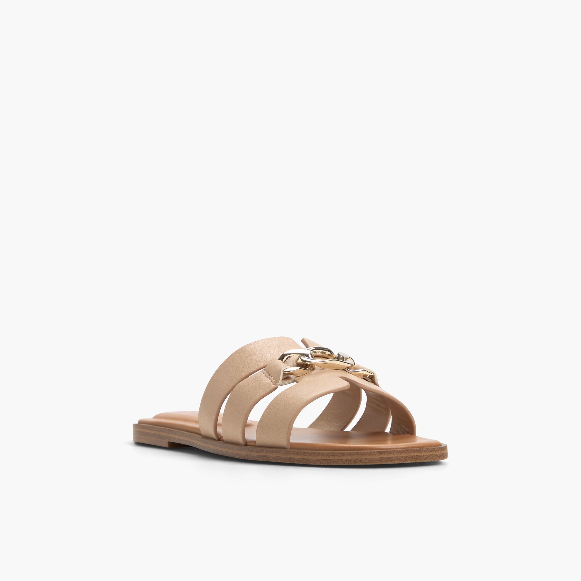Three-quarter angle of Medium Beige Serinna Slides's front side