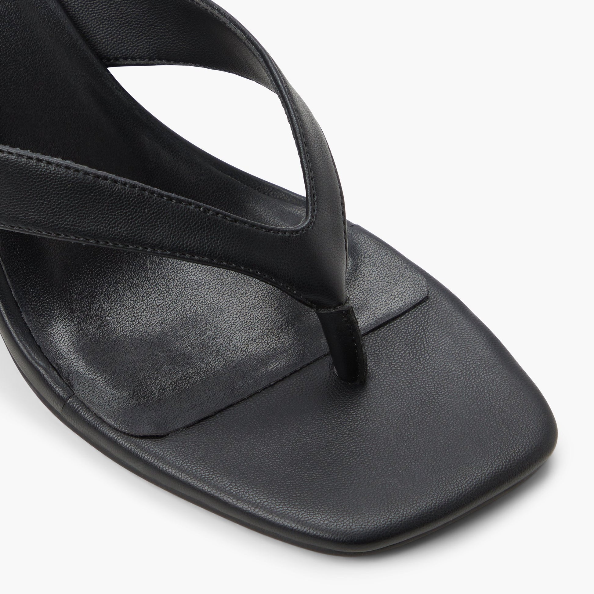 Close-up of the Black Calii Block  Heel Thong Sandals