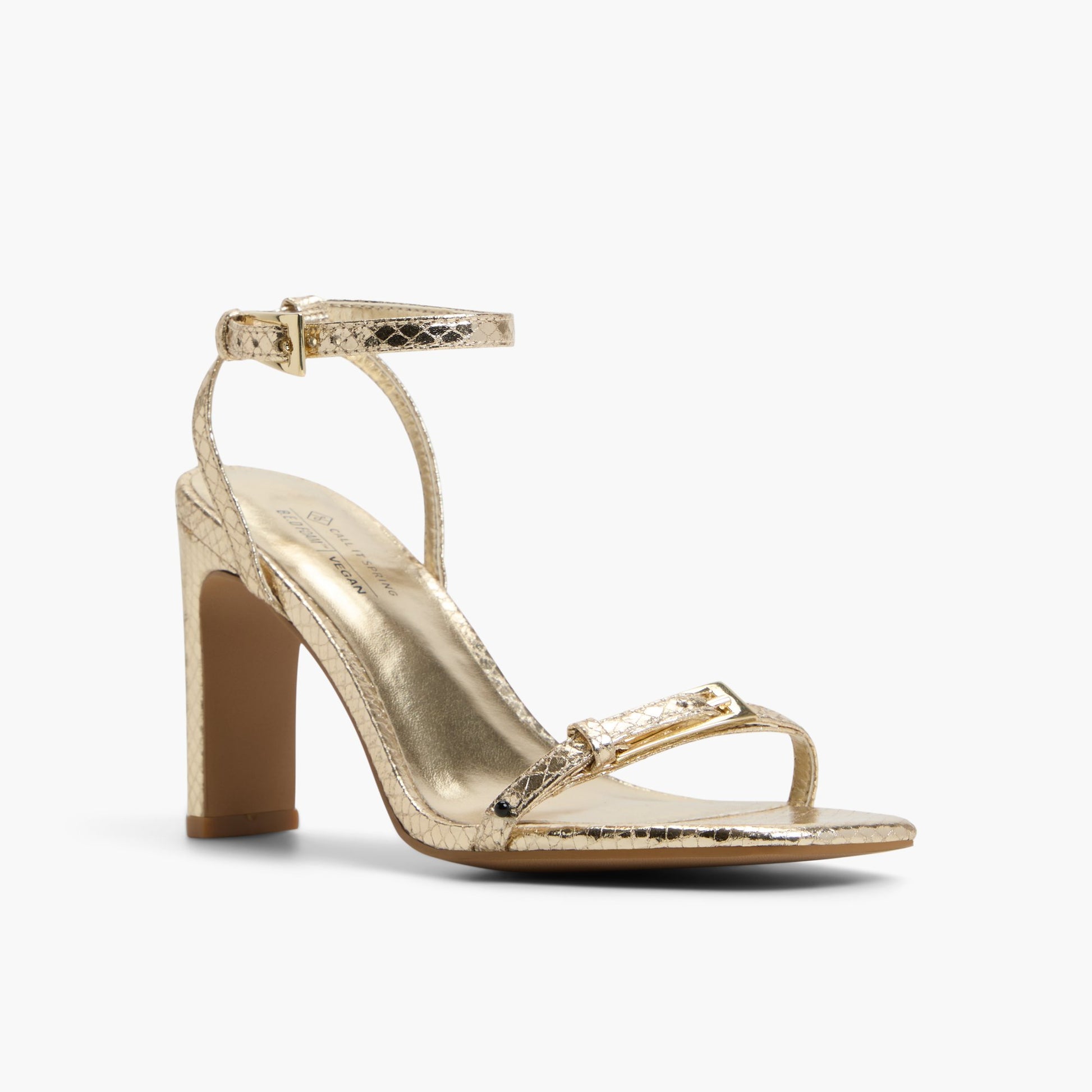Three-quarter angle of Gold Kenzzie High Heel Sandals's front side