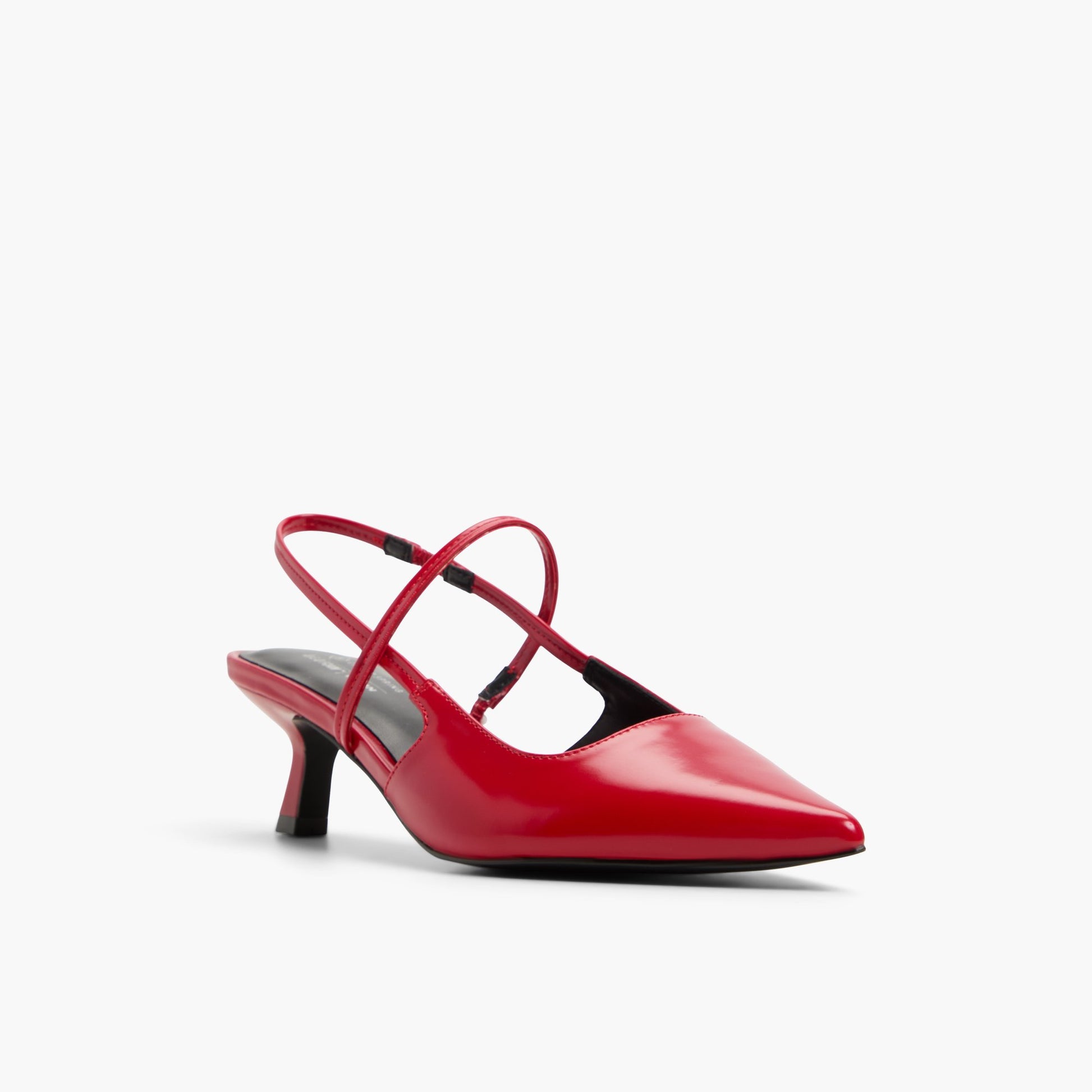 Three-quarter angle of Red Poppiee Slingback Kitten Heels's front side