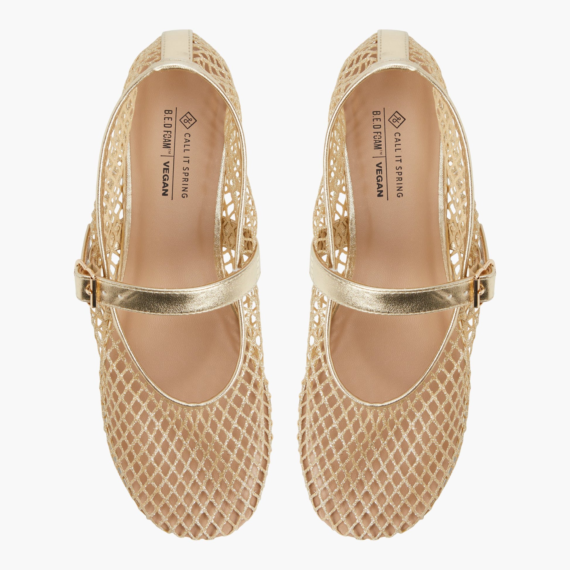 Top-down view of the Gold Elyiaa Mesh Mary Janes Flats
