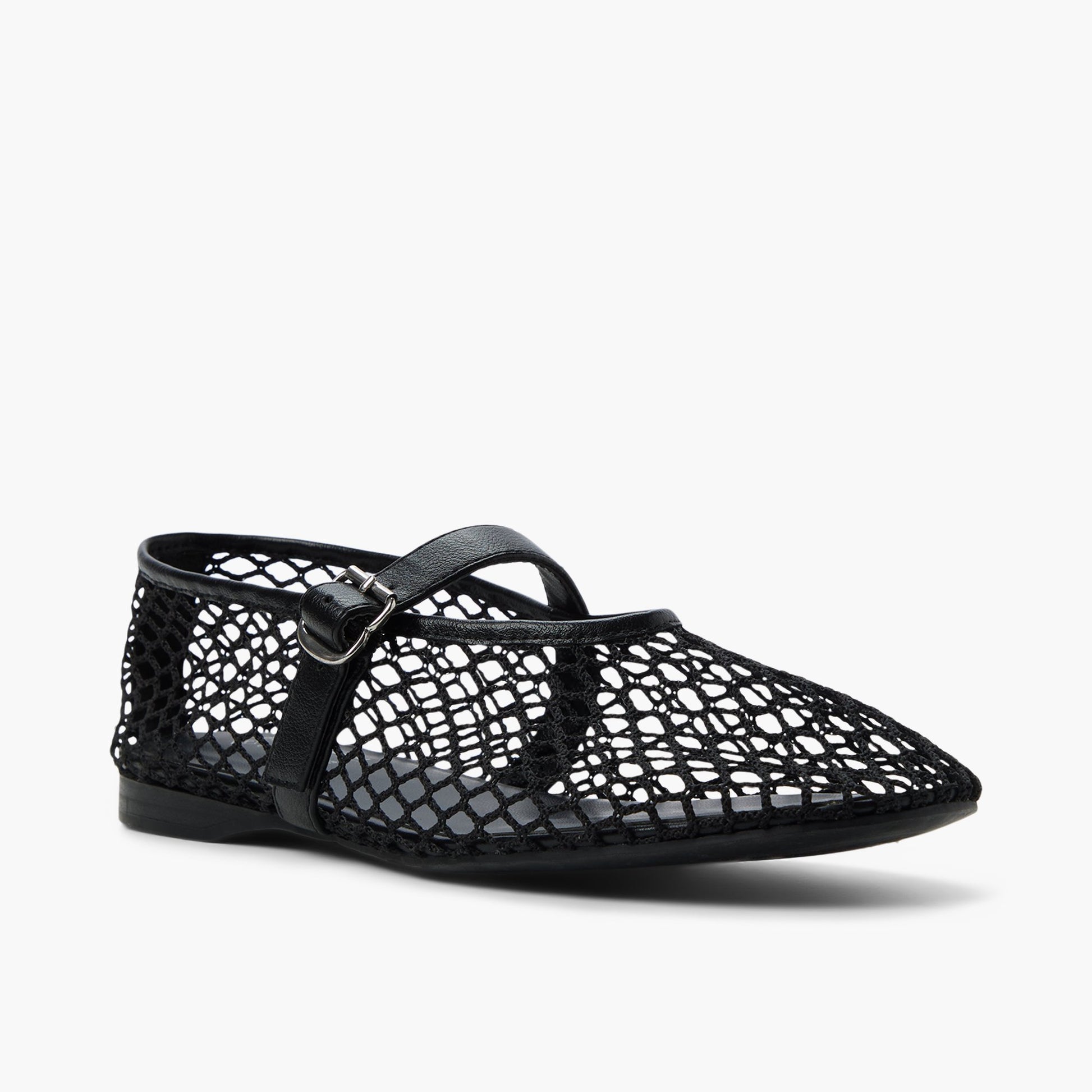 Three-quarter angle of Black Elyiaa Mesh Mary Janes Flats's front side