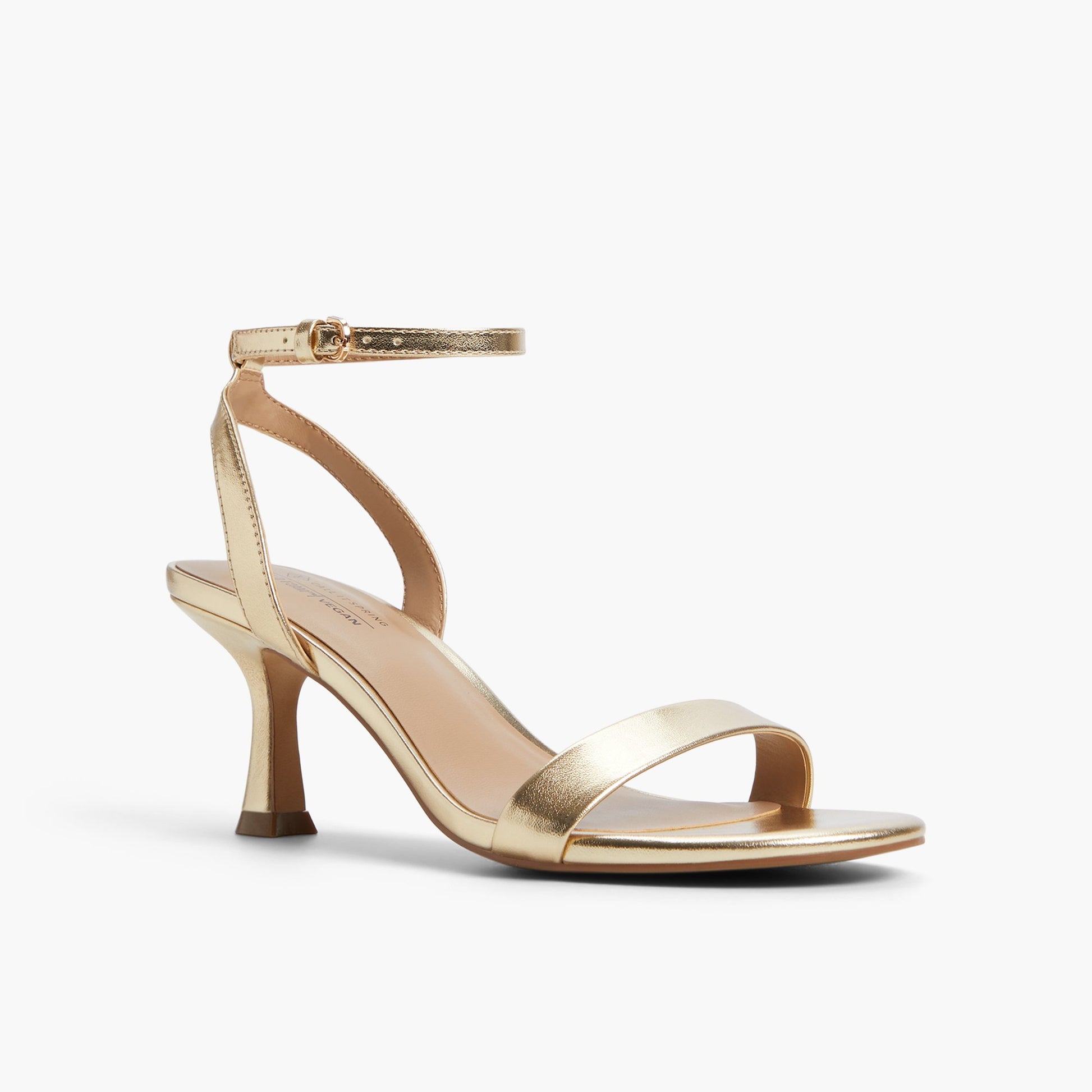 Three-quarter angle of Gold Madelyyn Kitten Heel Sandals's front side
