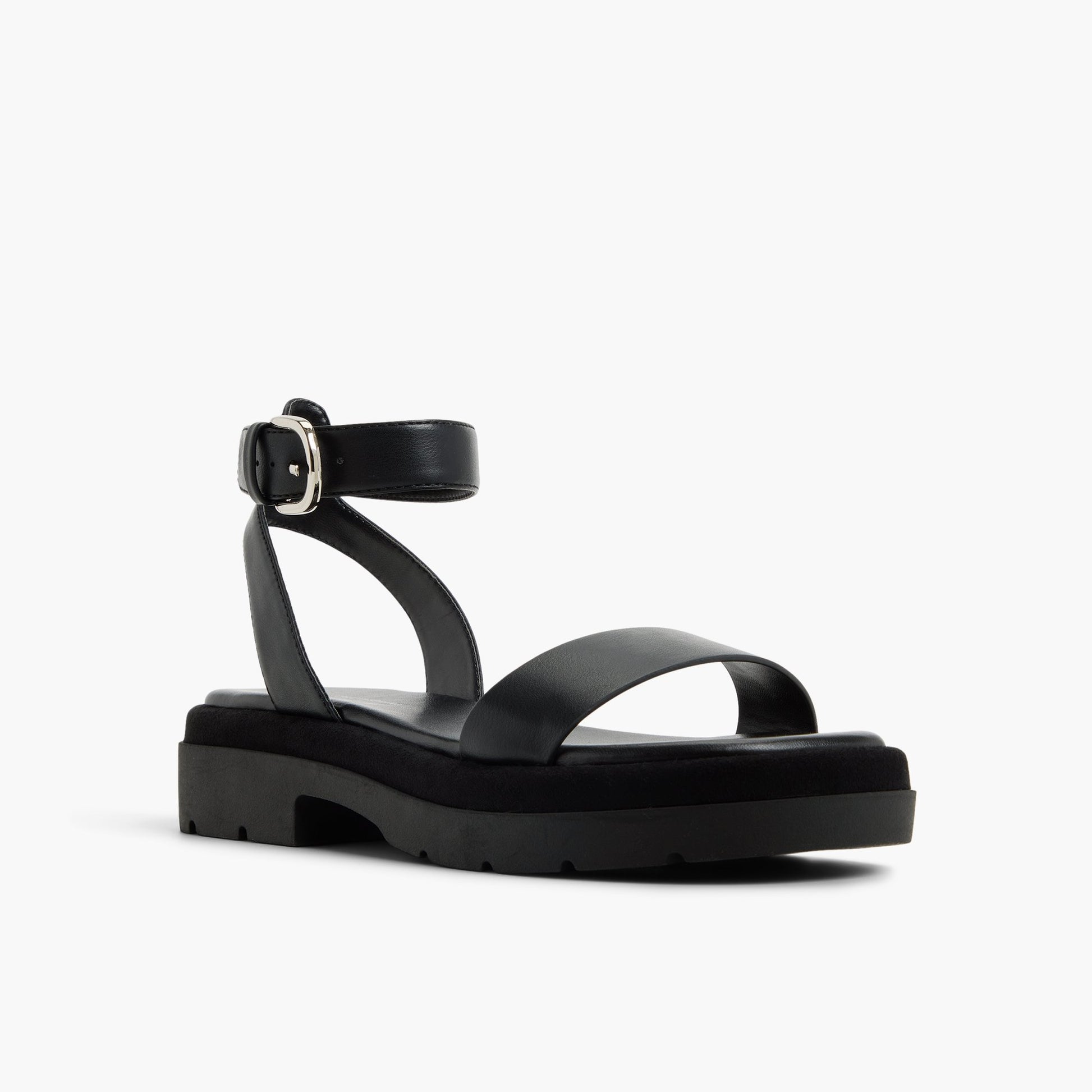 Three-quarter angle of Black Joellle Chunky Flat Sandals's front side