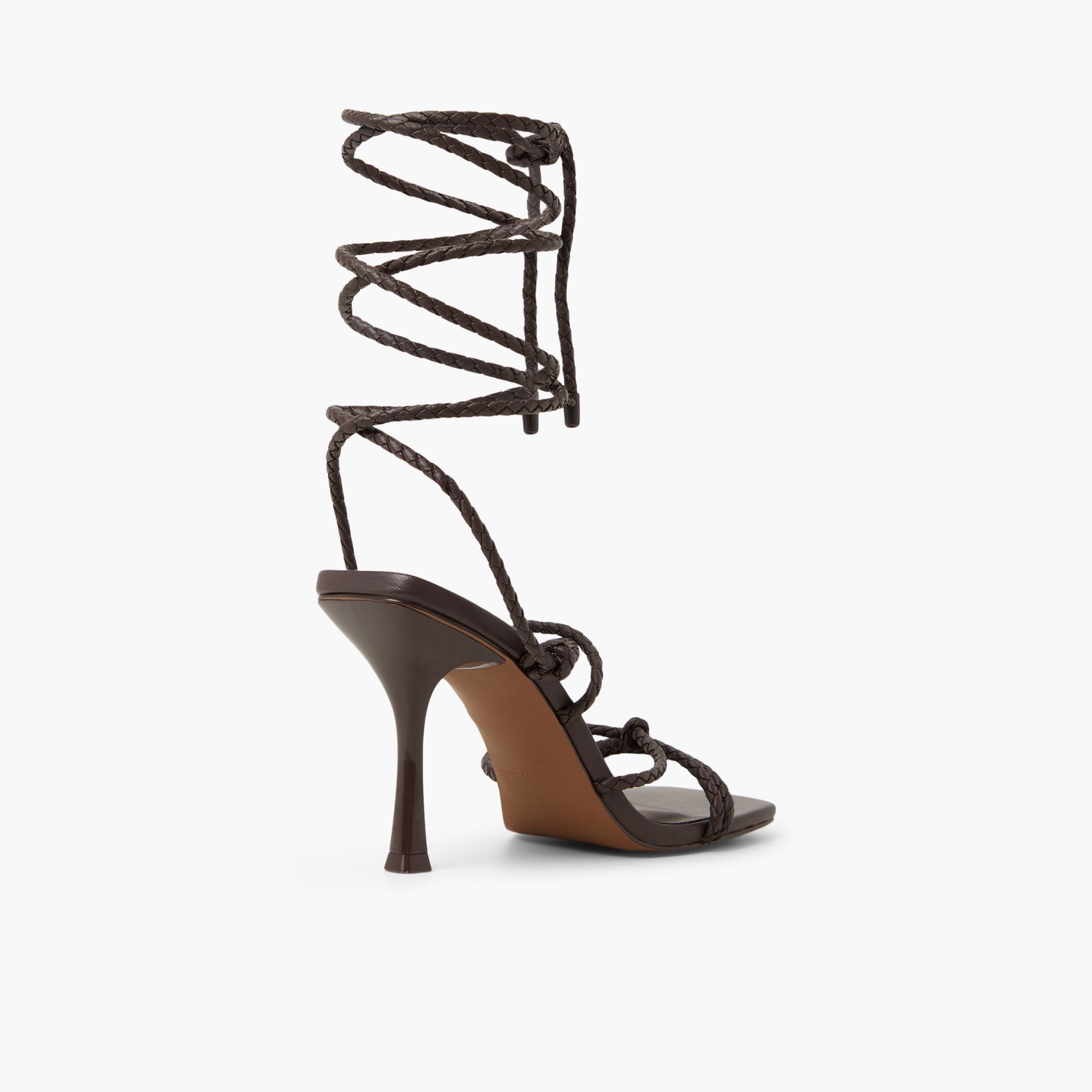 Three-quarter angle of Dark Brown Adriaana Strappy High Heel Sandals's back side