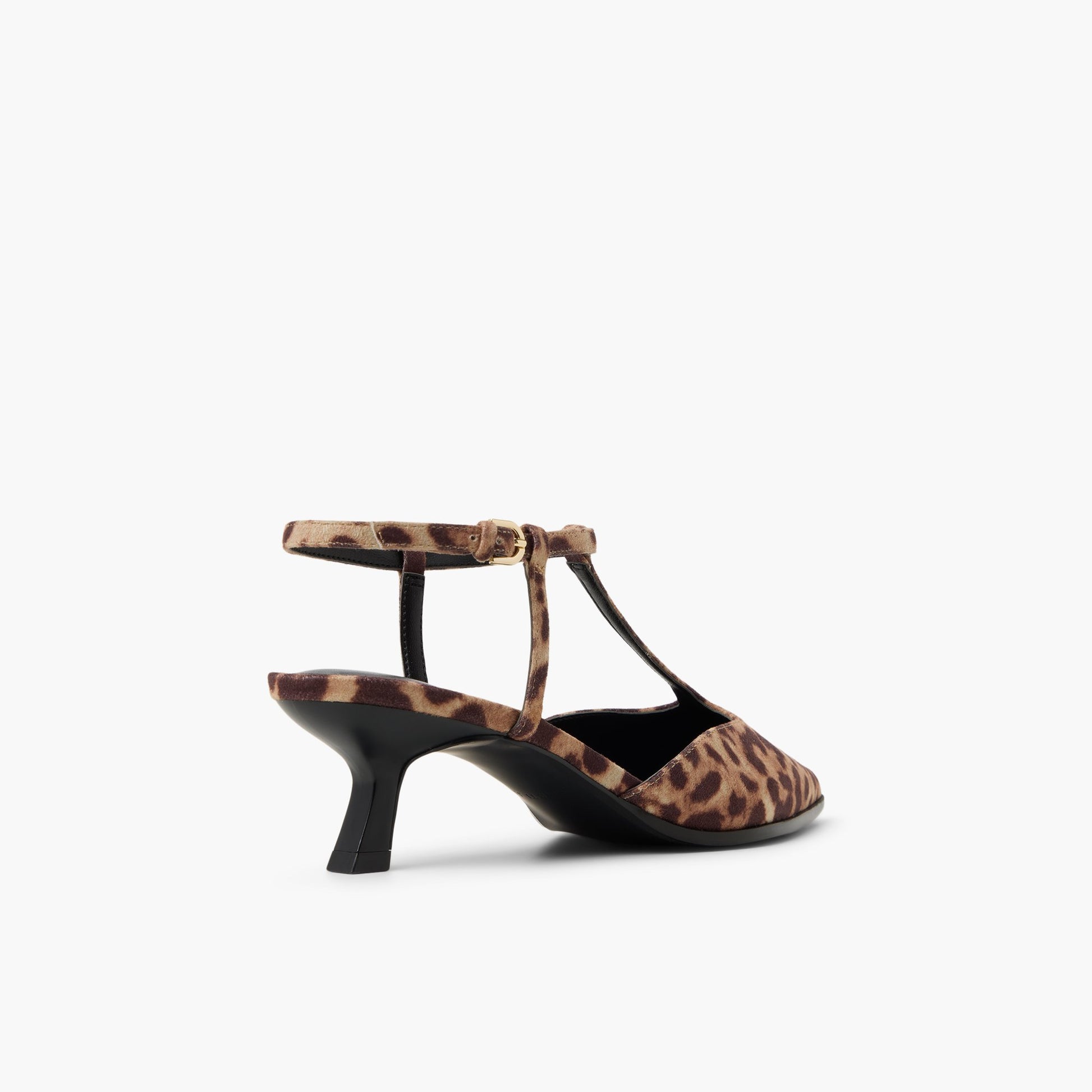 Three-quarter angle of Brown overflow Talaa T-Bar Kitten Heels's back side