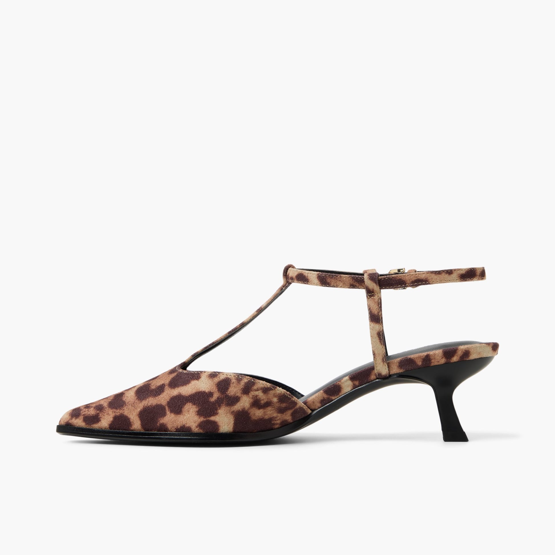 Side view of Brown overflow Talaa T-Bar Kitten Heels
