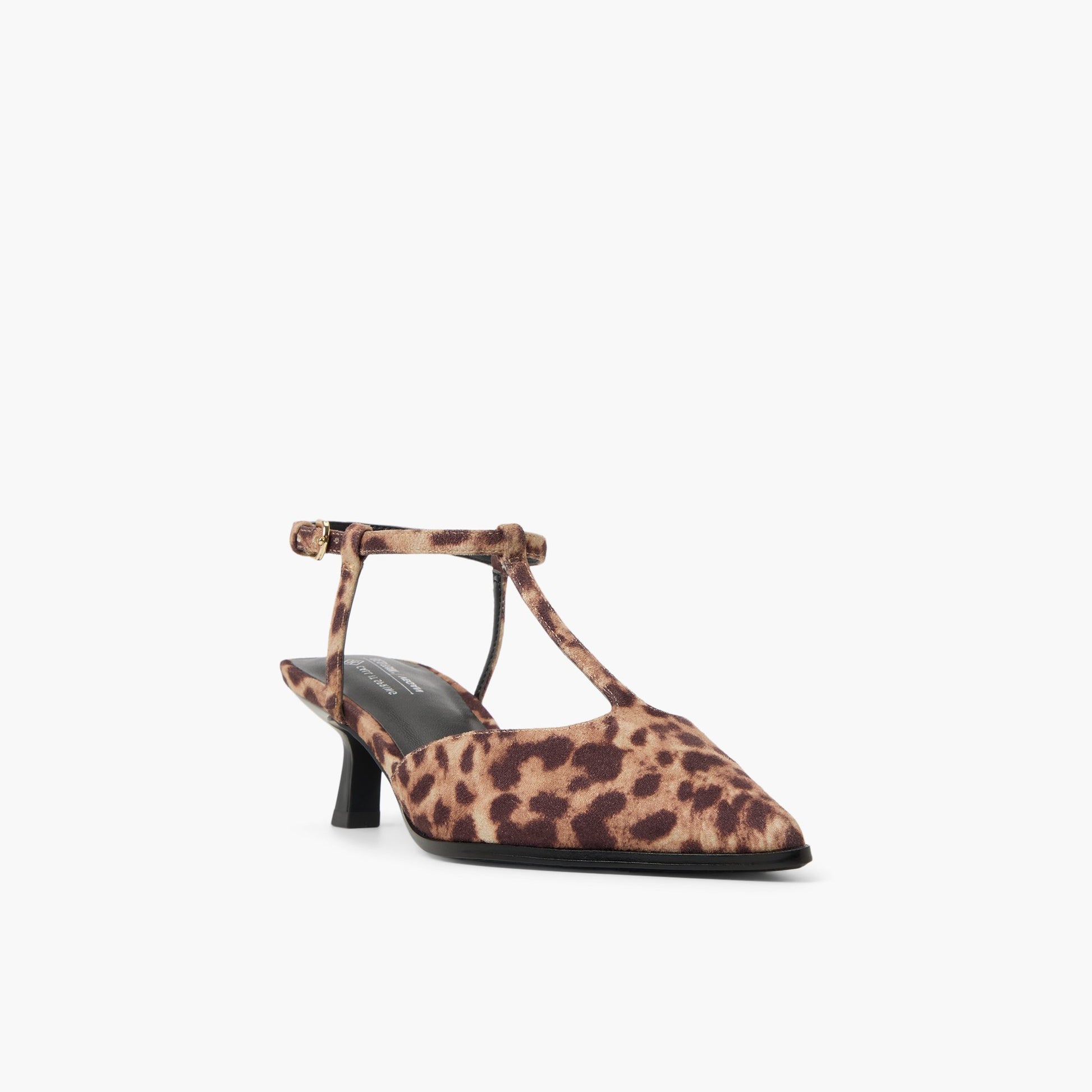 Three-quarter angle of Brown overflow Talaa T-Bar Kitten Heels's front side