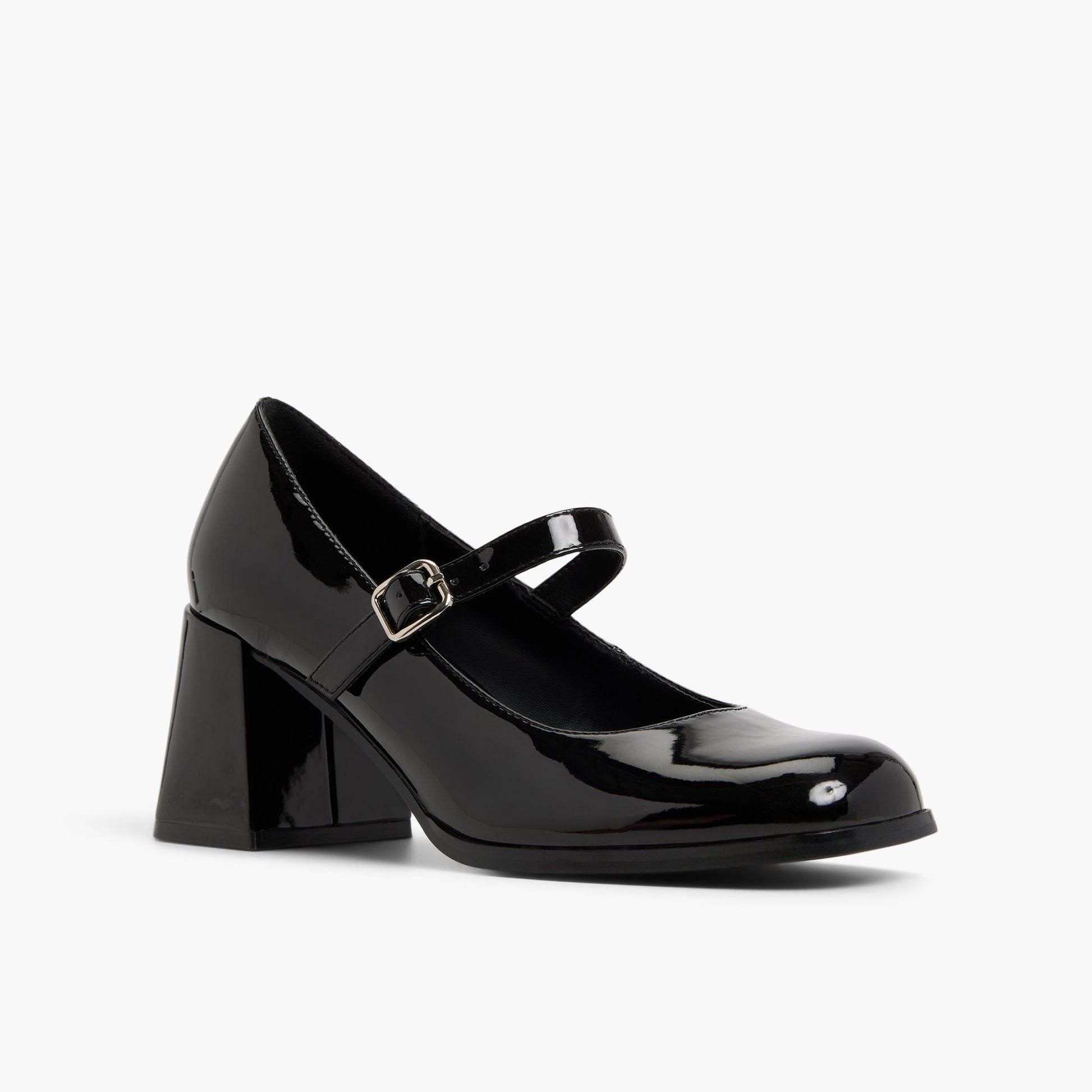 Three-quarter angle of Open Black Addele Block Heel Mary Janes's front side