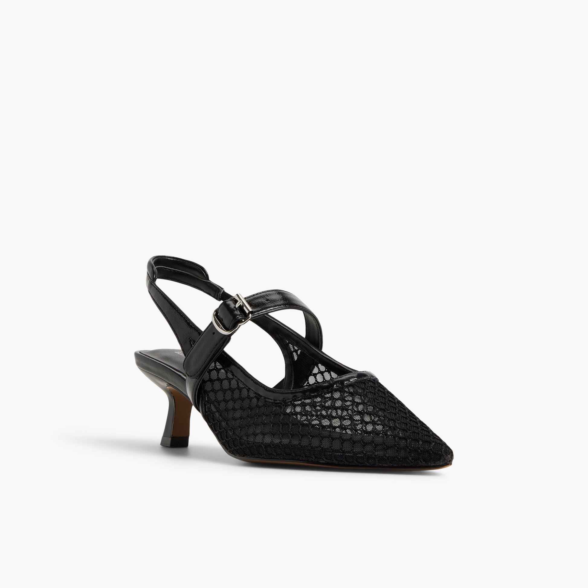 Three-quarter angle of Black Duaa Slingback Kitten Heels's front side