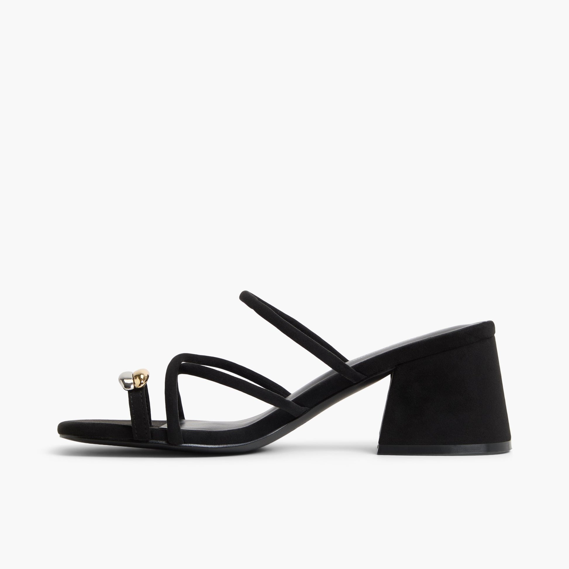 Side view of Black Tulumm Toe Ring Heeled Sandals