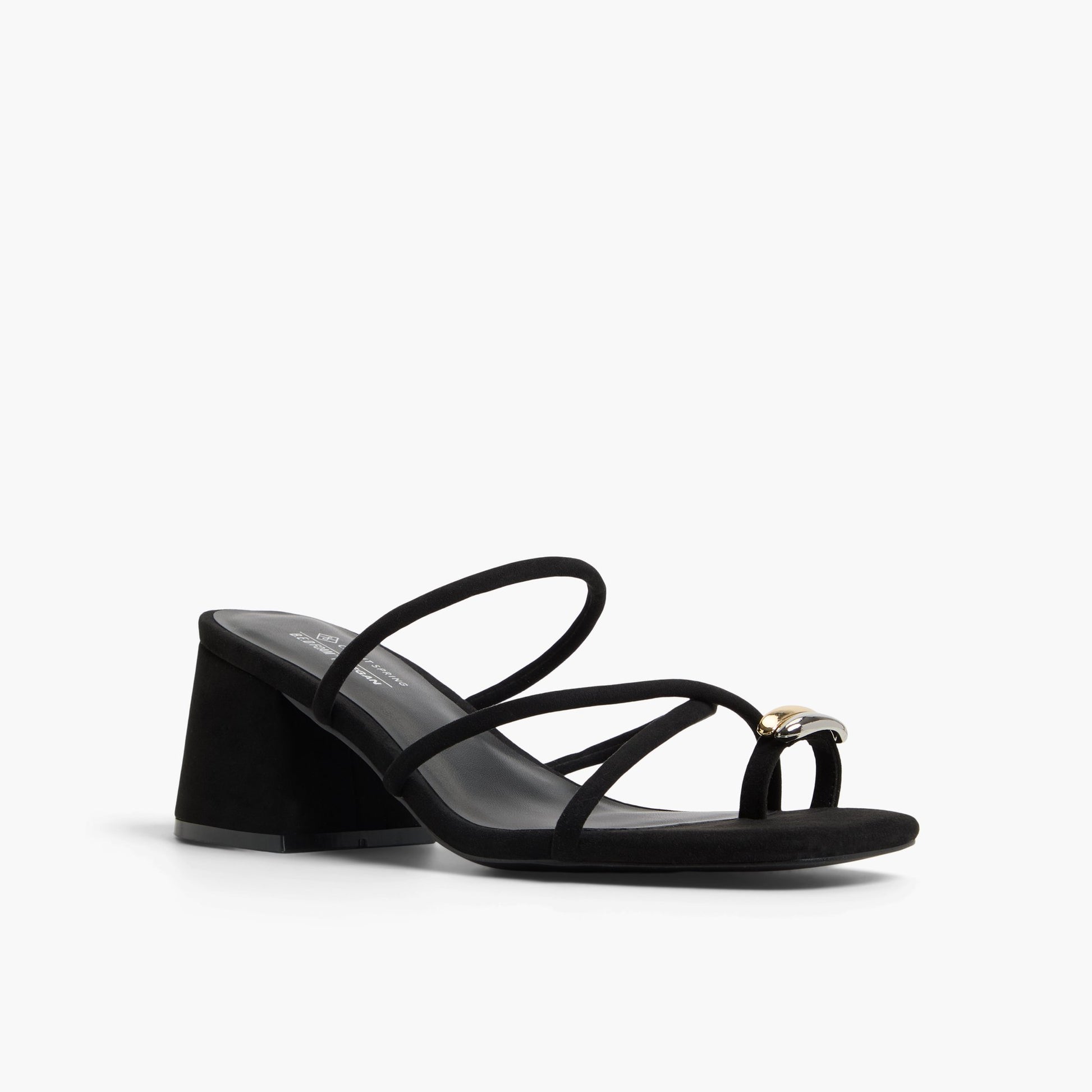 Three-quarter angle of Black Tulumm Toe Ring Heeled Sandals's front side