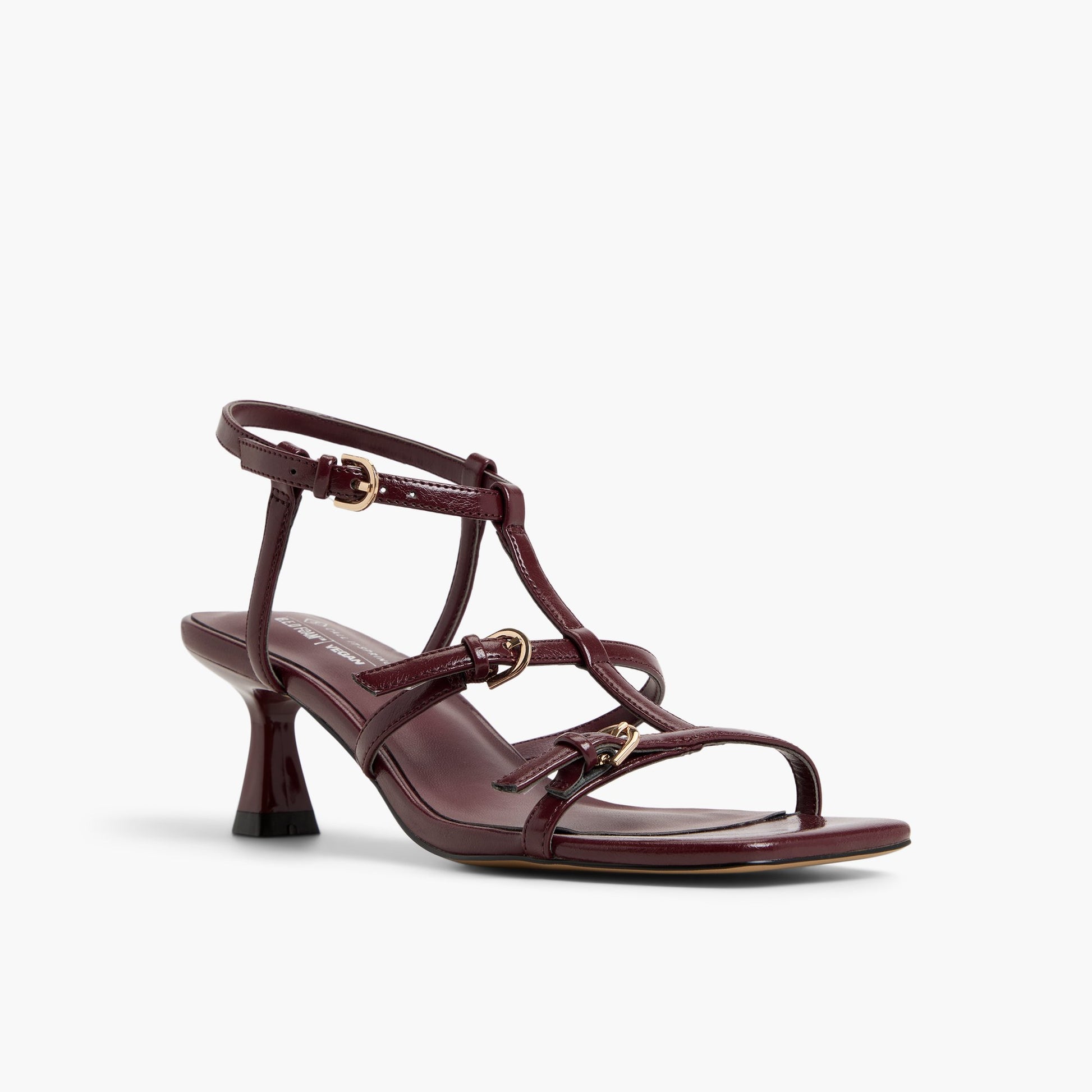 Three-quarter angle of Bordo Saphiraa T-Bar Kitten Heel Sandals's front side