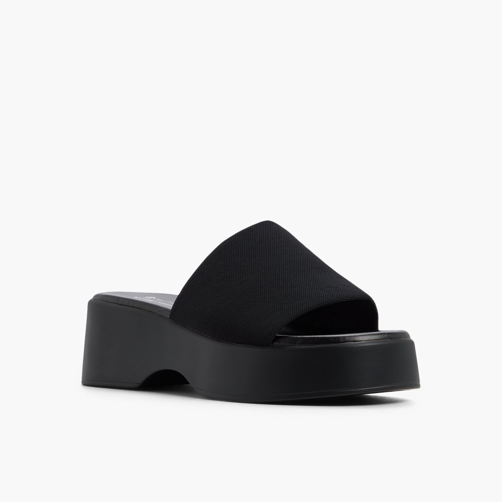 Three-quarter angle of Open black Noemii Wedge Mules's front side