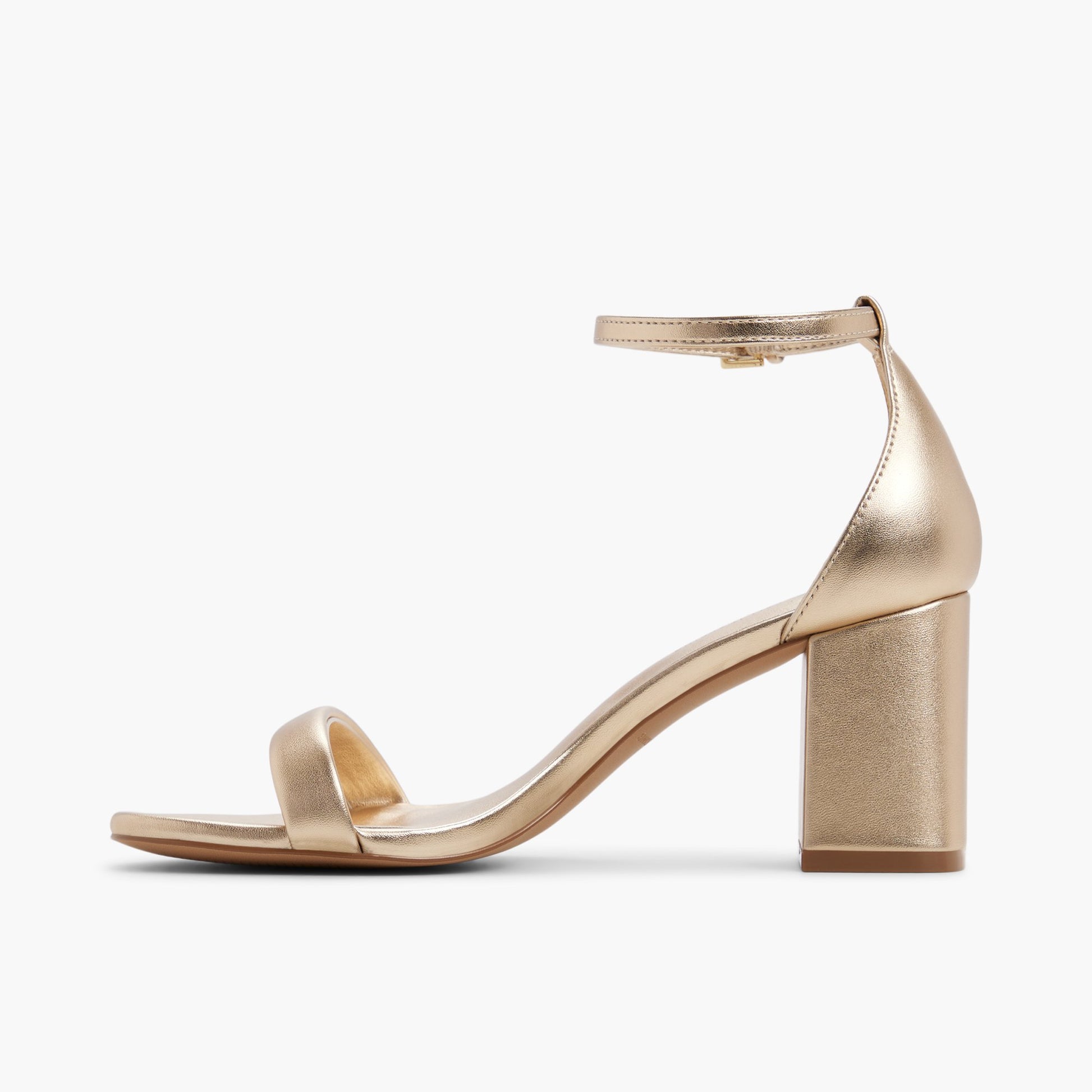 Side view of Gold Elianaa Mid heel sandals