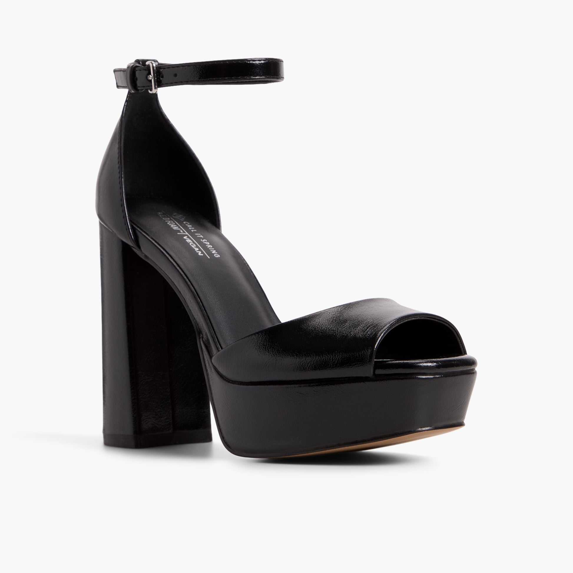 Three-quarter angle of Black Domminique Peep-Toe Platform Sandals's front side