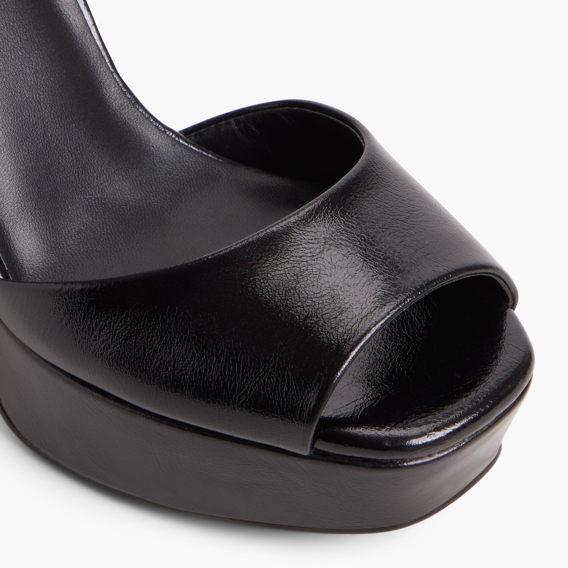 Close-up of the Black Domminique Peep-Toe Platform Sandals